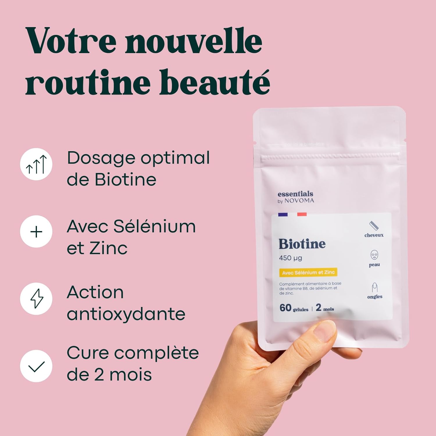 Thumbnail 2 de NOVOMA Essentials – Biotine avec Sélénium et Zinc (B8) pour accélérer la pousse des cheveux, cure de 2 mois, 60 gélules végétales