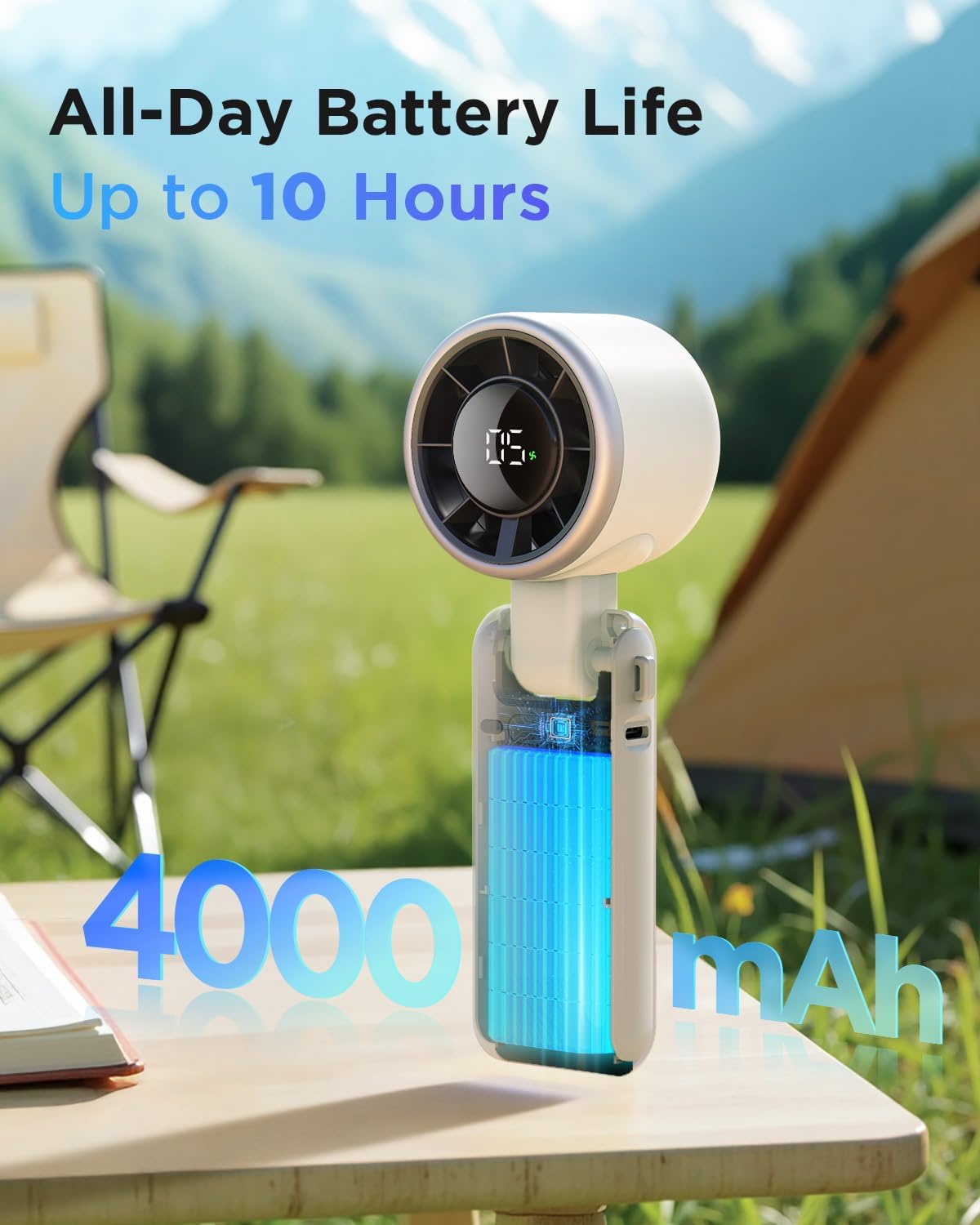 Detalle de EasyAcc Portable Handheld Turbo Fan: 5 Speeds, 4000mAh USB-C Rechargeable Mini Fan for Travel and Outdoor Use