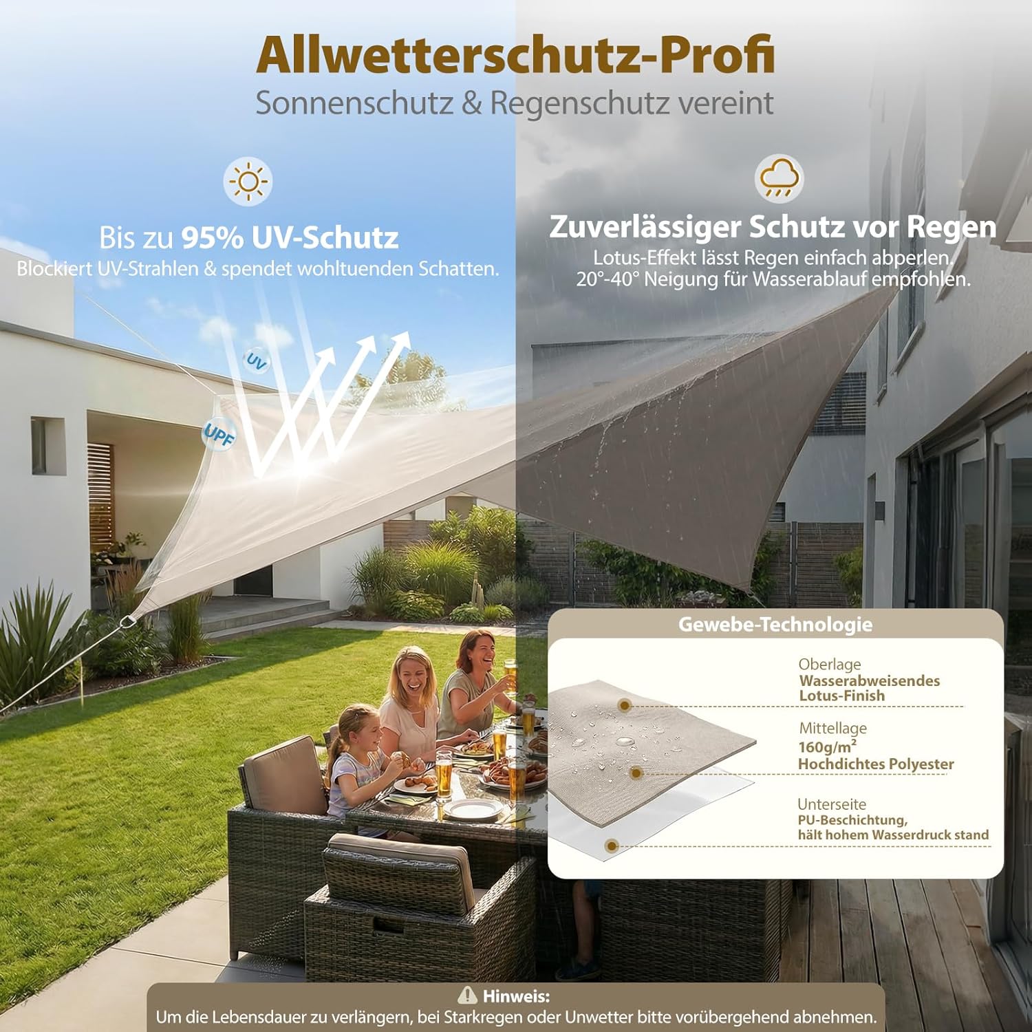 Detalle de Sekey Sonnensegel 4x5 m Wasserdicht – Rechteckiges PES-Gewebe mit 95% UV-Schutz