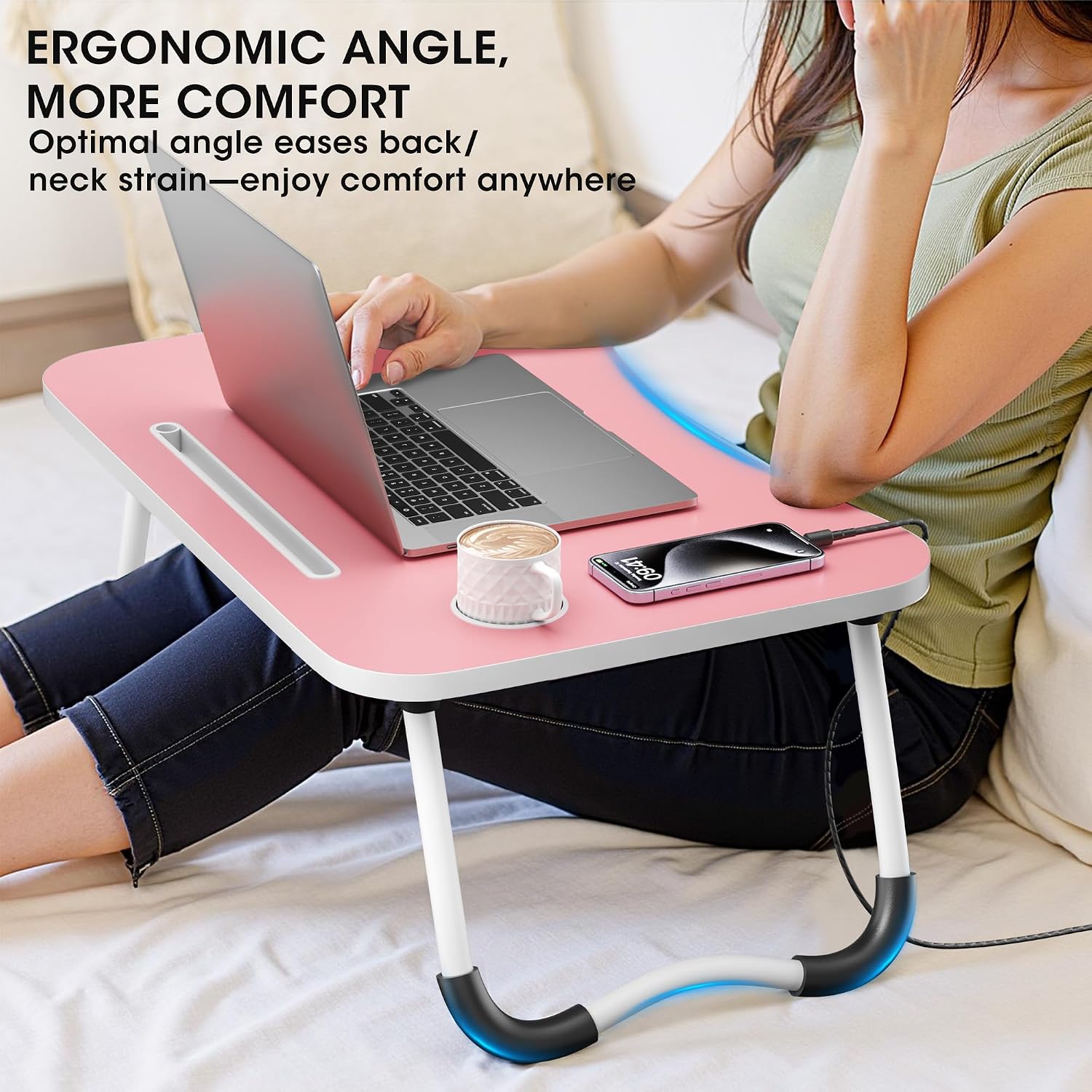 Detalle de Frpufi LD002 Folding Lap Desk, 23.6-Inch Wood Bed Table with Cup Holder, Pink