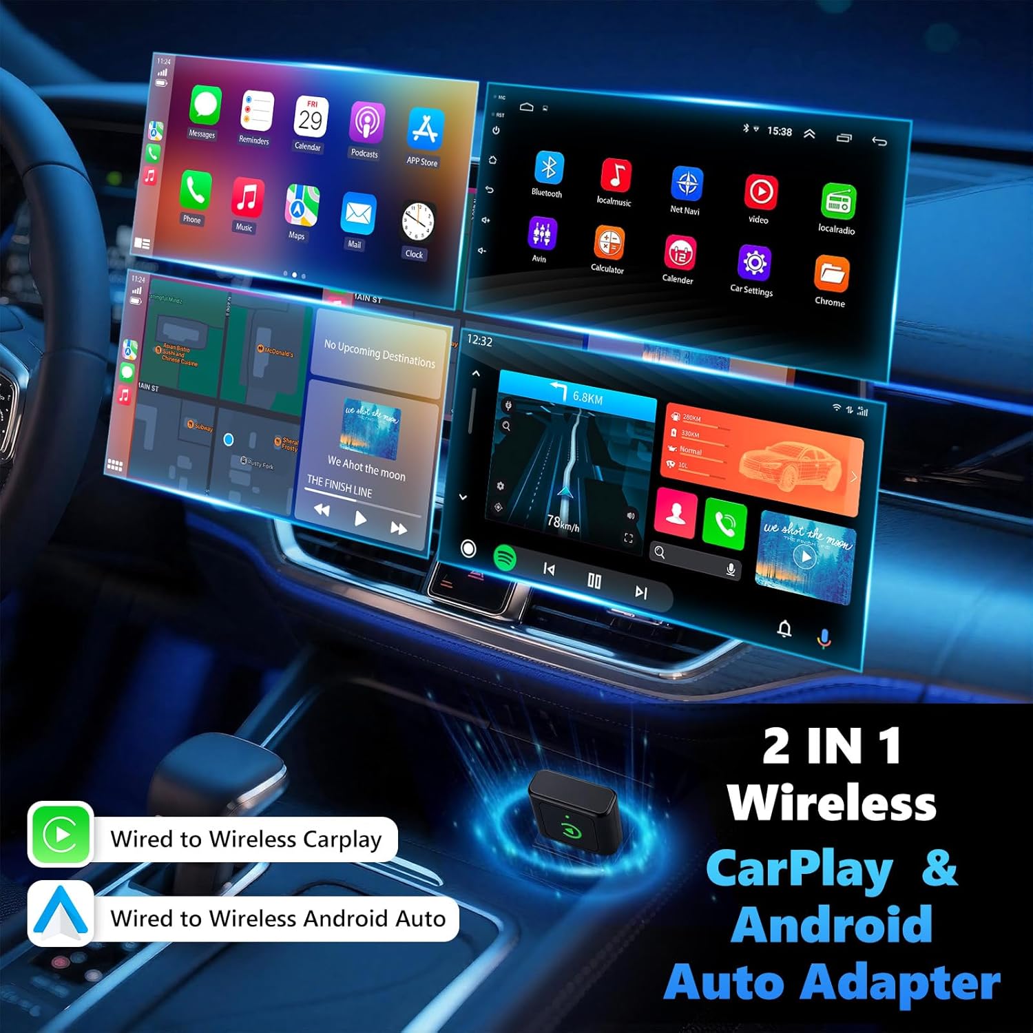 Detalle de 2-in-1 Wireless CarPlay & Android Auto Adapter – Plug & Play, Bluetooth 5.3 & 5.8 GHz WiFi