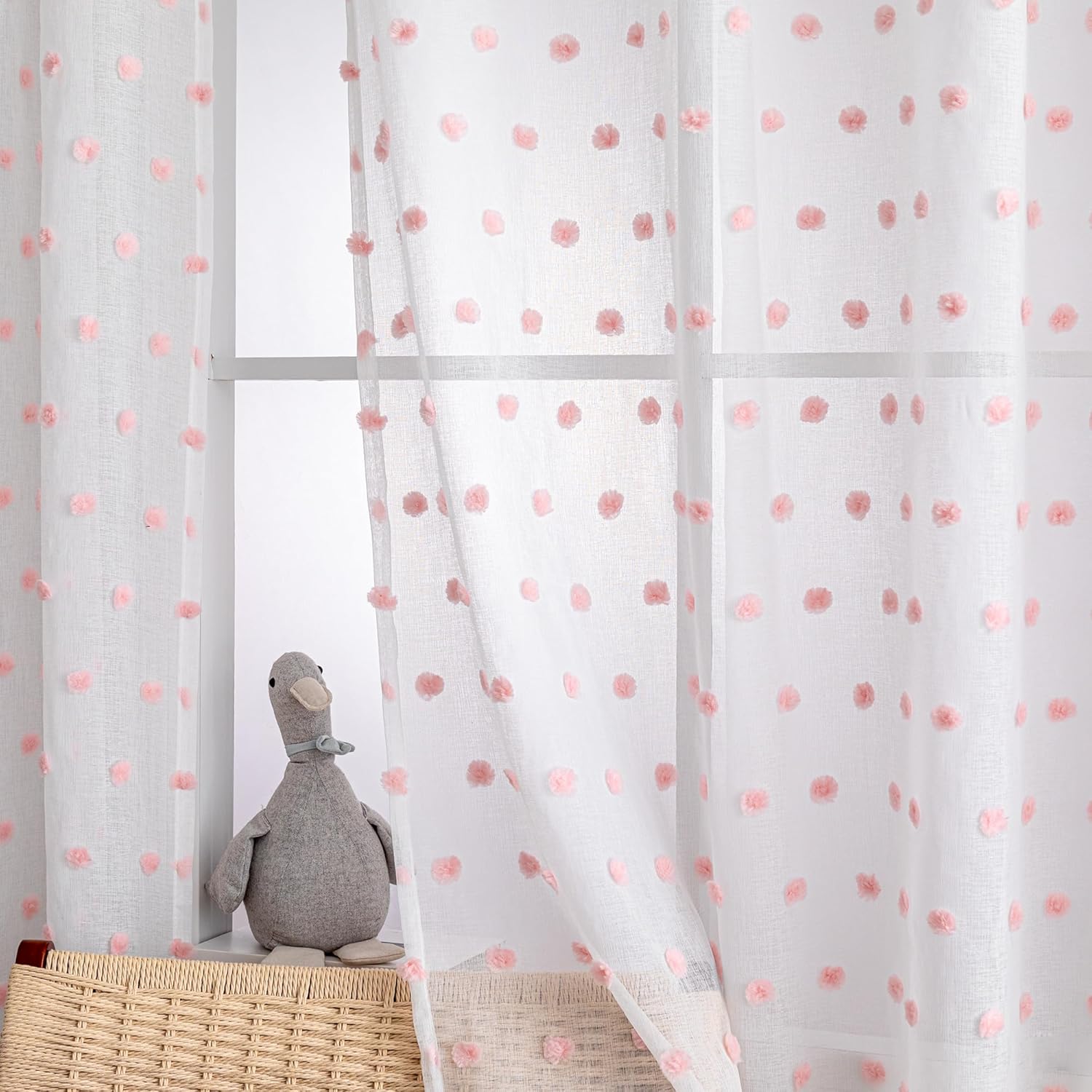 Thumbnail 3 de MYSKY HOME Gardine 2er-Set mit Kräuselband und Pompon-Stickerei, sheer Voile, Rosa (H 215 x B 140 cm)