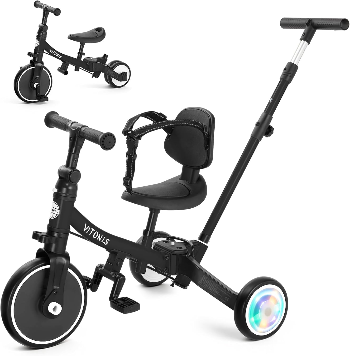 VITONIS Triciclo 5 in 1 per bambini 18 mesi–5 anni con ruote lampeggianti e cintura di sicurezza (nero)