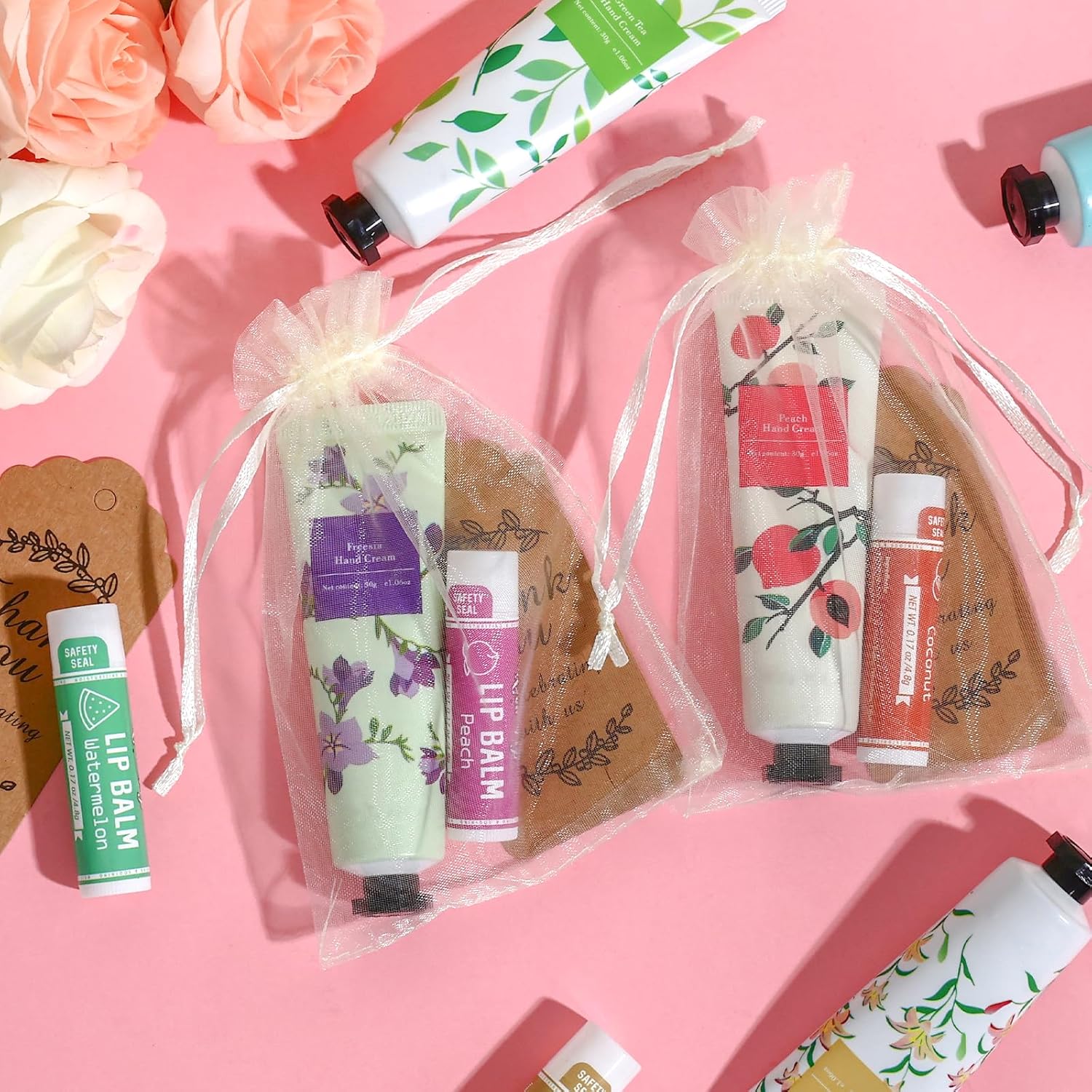 Thumbnail 4 de AZEN 60 Sets Bulk Hand Cream and Lip Balm Gift Set with Organza Bags and Thank-You Labels