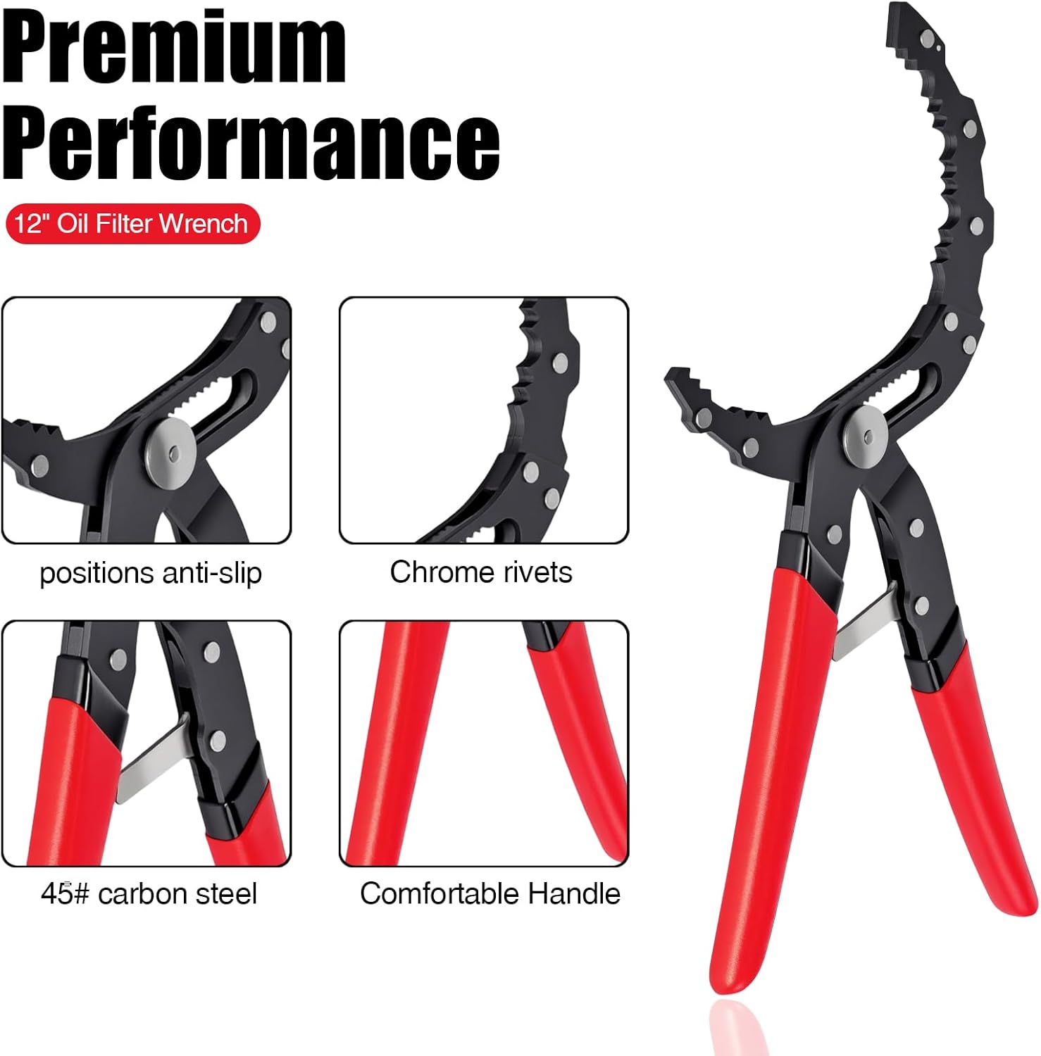 Detalle de DHSWNNG 12" Oil Filter Wrench – Adjustable, Heavy-Duty Carbon Steel Pliers (2-1/4" to 4-3/4" Opening, Red)