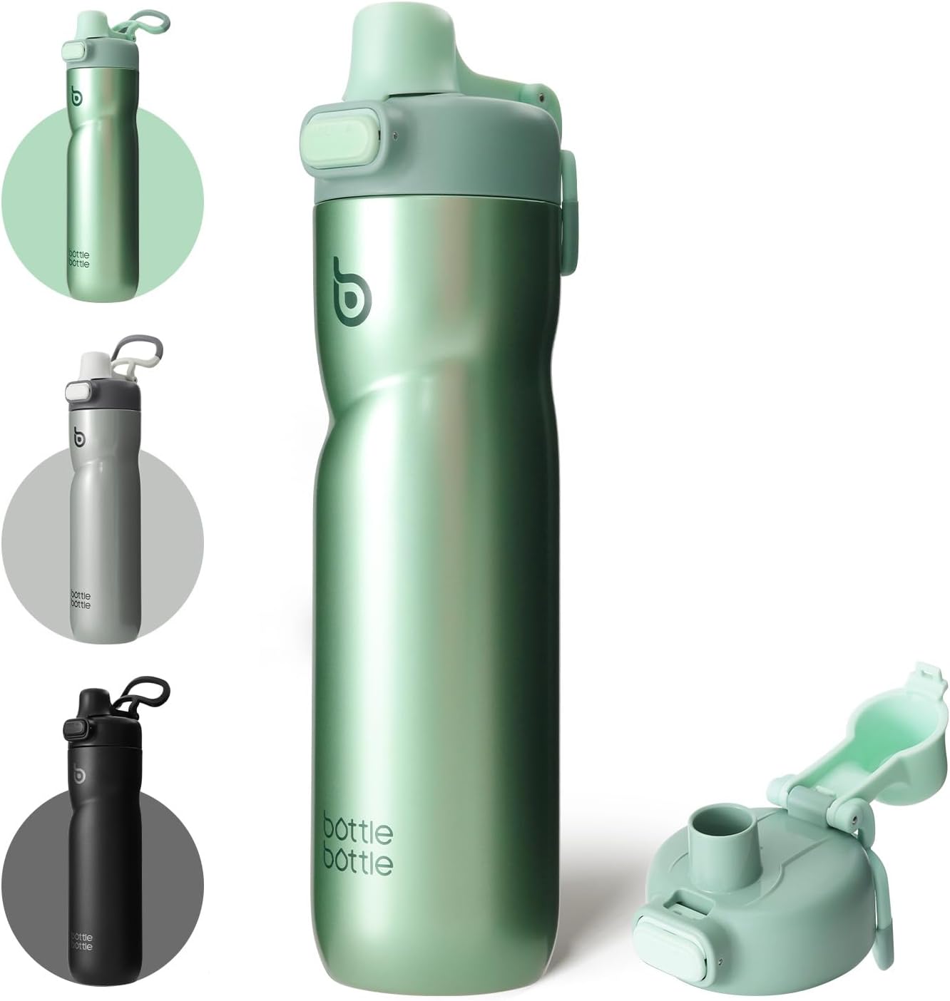 Detalle de BOTTLE BOTTLE Insulated 24 oz Green stainless steel sports water bottle with flip-top lids