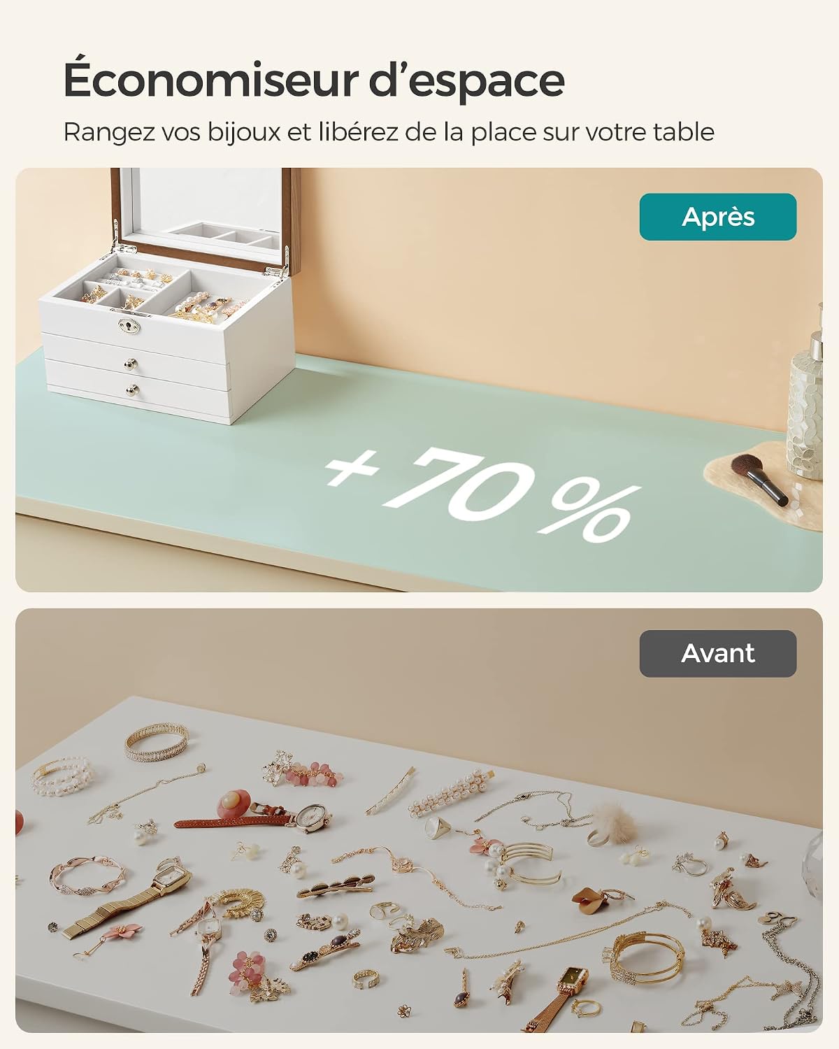 Thumbnail 6 de Songmics Boîte à Bijoux 3 Niveaux – Coffret en bois d'ingénierie avec miroir et Tiroirs (JOW15WN)