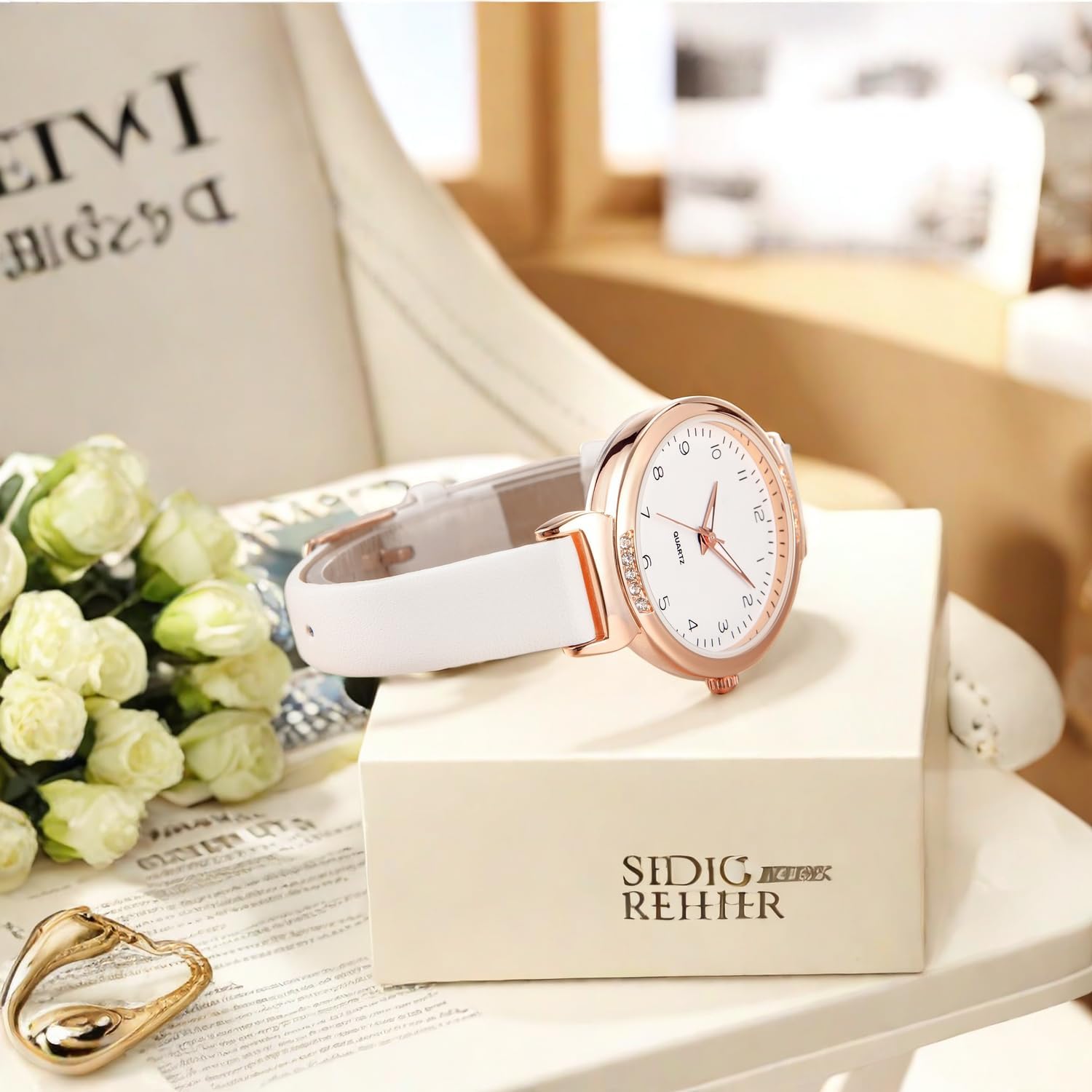 Thumbnail 4 de NUOVO Women’s Rhinestone Bezel Dress Watch with Rose Gold Case and White Leather