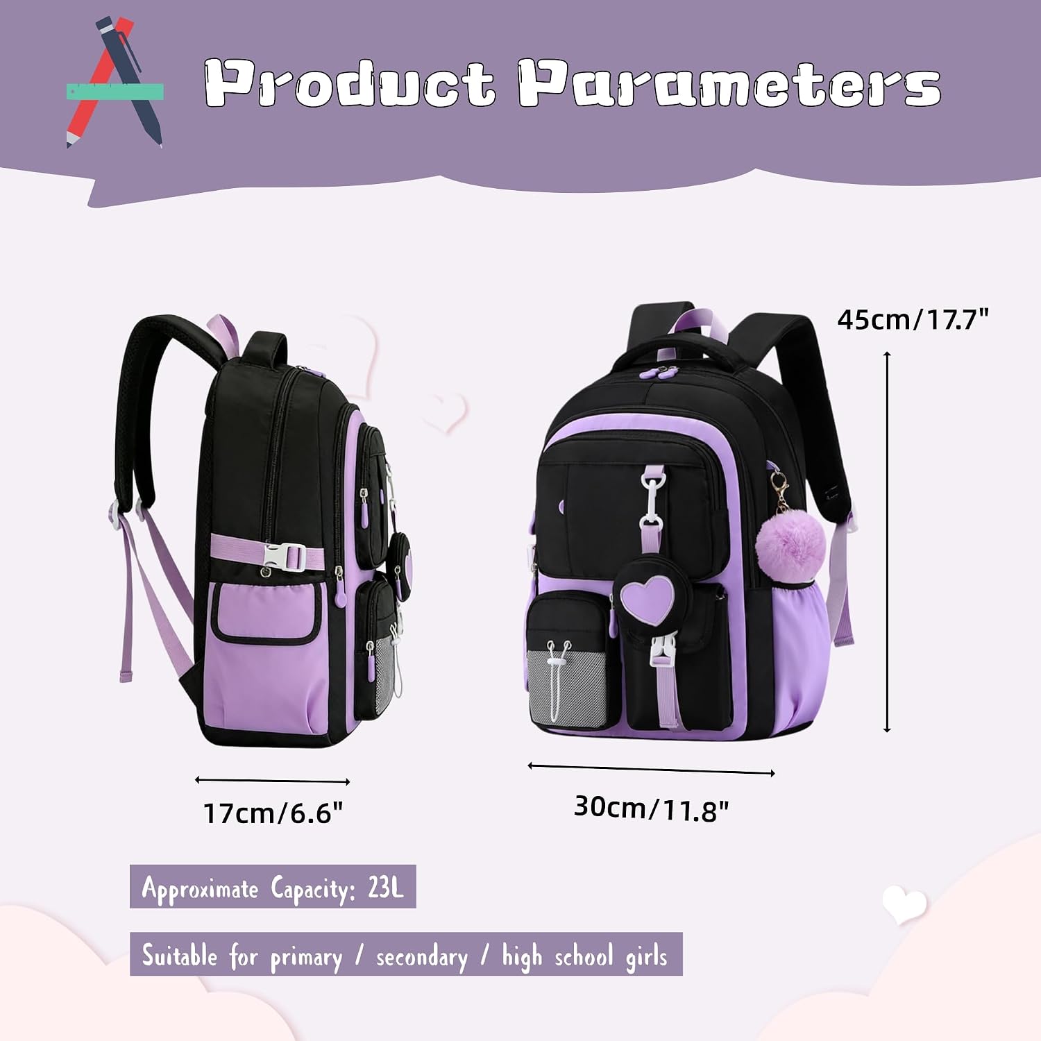 Detalle de GRUOTEIS Kids Backpack for Girls: Practical, comfortable and multi-pocket school bag