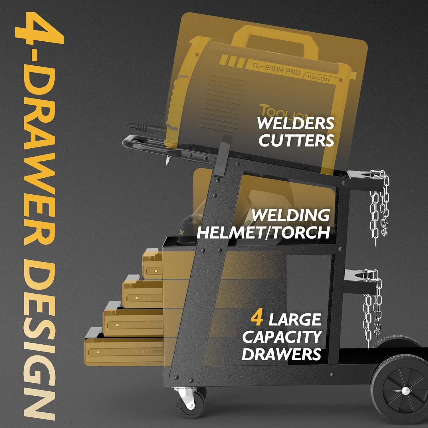 Detalle de TOOLIOM Welding Cart with 4 Drawers Cabinet — 360° Swivel Welder Trolley