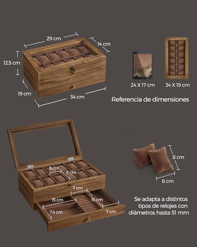 Detalle de SONGMICS Caja de Relojes con 12 Ranuras JOW012K01 – Estuche de Madera de Dos Niveles con Tapa de Cristal