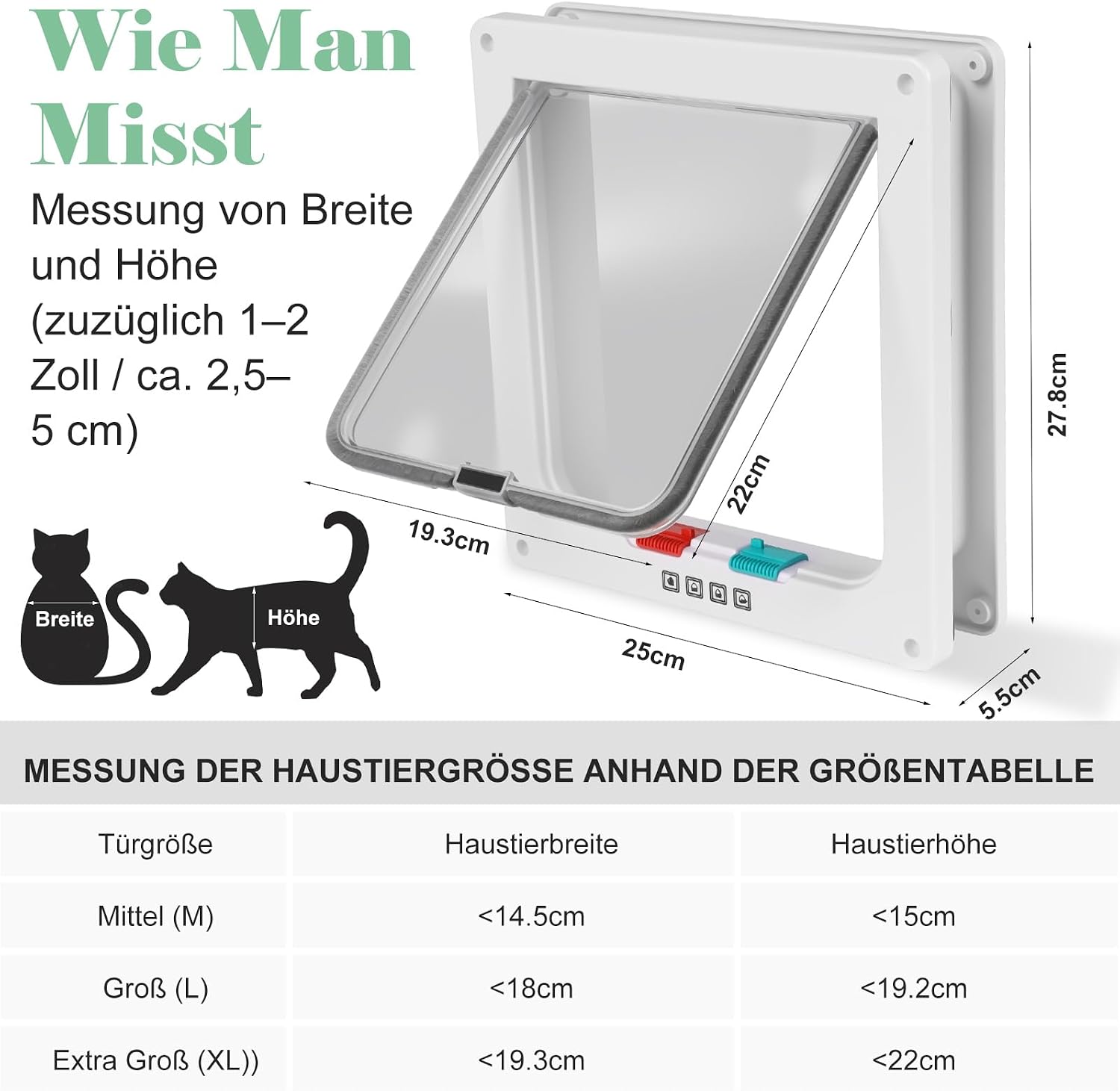 Detalle de Katzenklappe XL – einfache Montage, 4‑fach Verriegelung, Innen/Außen Tür, Wand oder Fenster