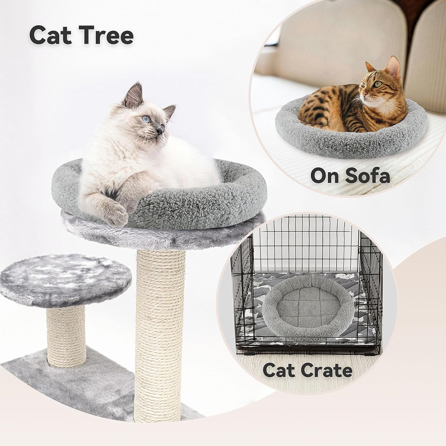 Detalle de PETLESO Round Cat Bed: Soft Plush Cushion for Cats and Small Dogs (19.5” diameter)