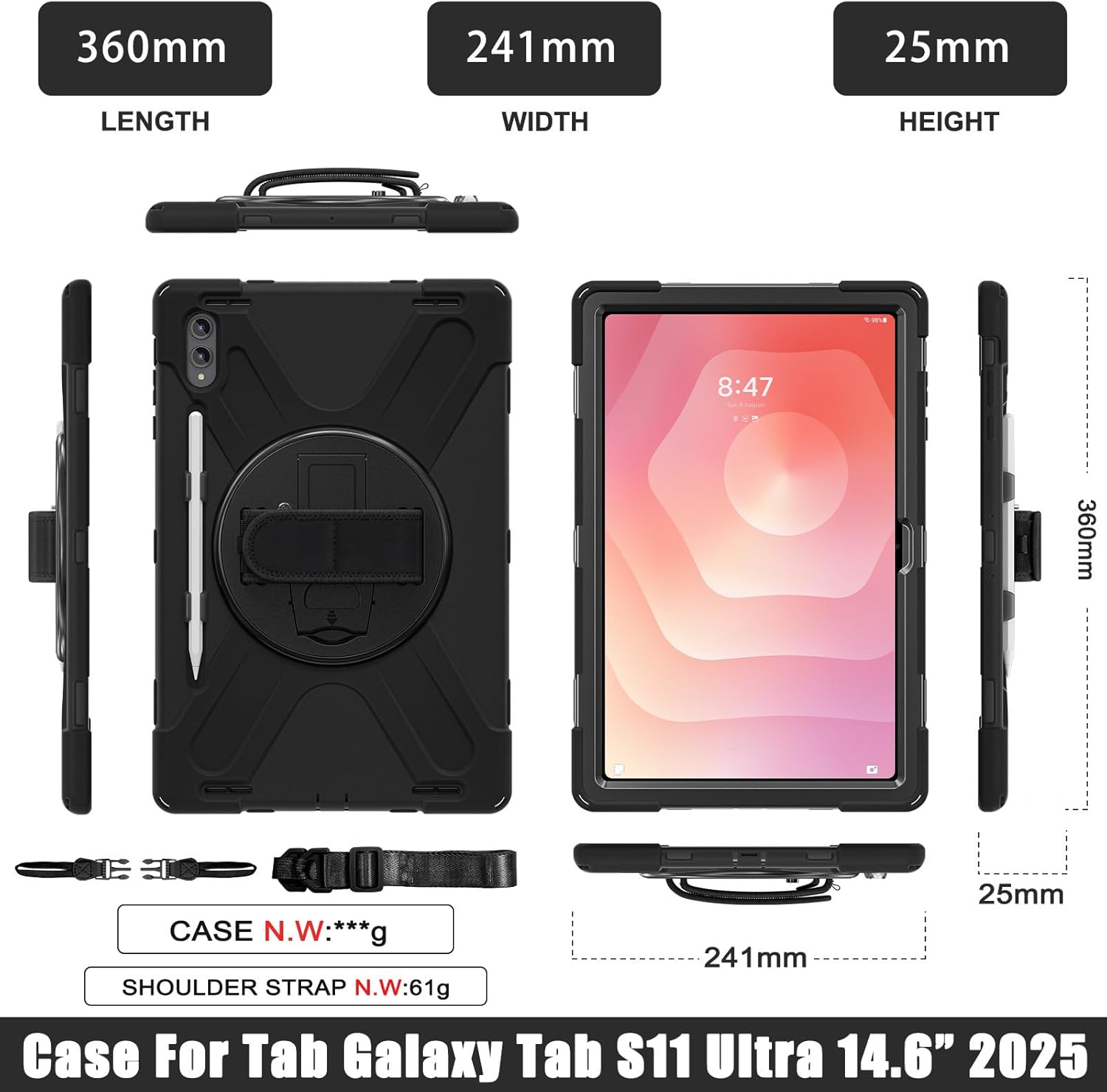 Detalle de Case for Samsung Galaxy Tab S11 Ultra 2025 SM-X930X936/X936B 14.6 inch — Shockproof Military-Grade Case with Screen Protector, Wristband and Straps
