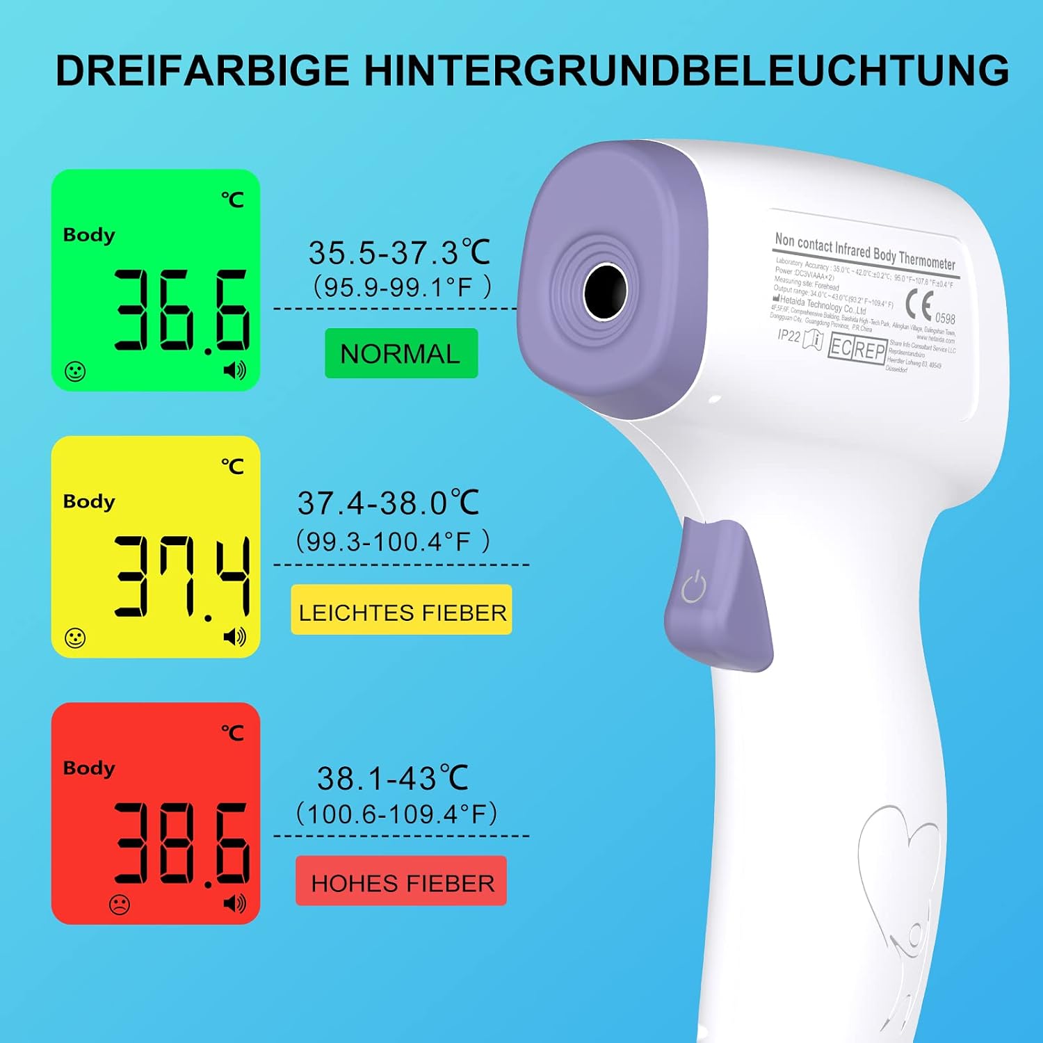 Detalle de hetaida Fieberthermometer kontaktloses Infrarot-Stirnthermometer für Baby, Kinder & Erwachsene – mit Fieberalarm, LCD & 50 Speicherplätzen