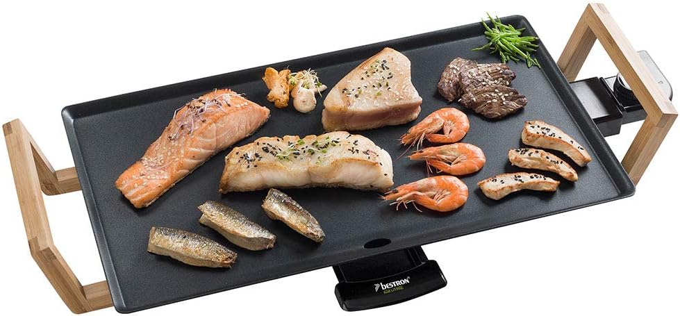 Detalle 2 de Bestron ABP602BB piastra elettrica per grigliare Asia Lounge da tavolo, antiaderente (nero/legno)