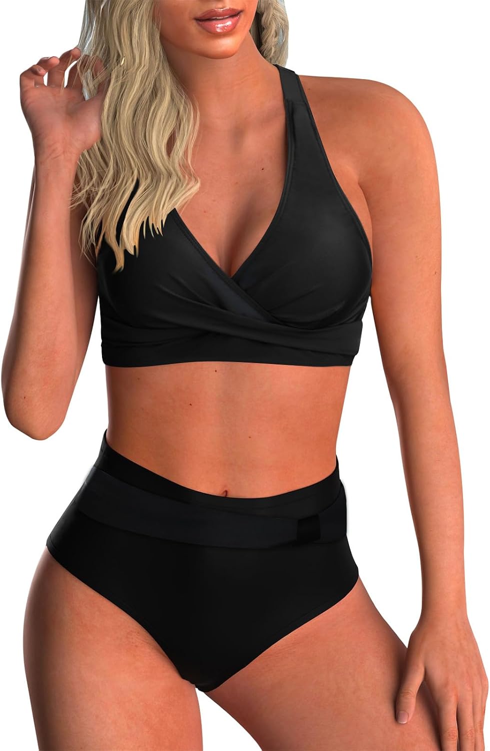 Detalle de Adigaber Damen Zweiteiliger Bikini mit V-Ausschnitt, überkreuztes Blumenmuster – Bauchkontrolle und sommerliche Bademode