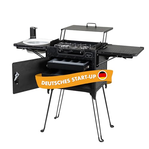 Detalle de NATURBUMMLER CompactCook+ 2.0: Faltbare Campingküche mit Gasherd, Spüle & Stauraum