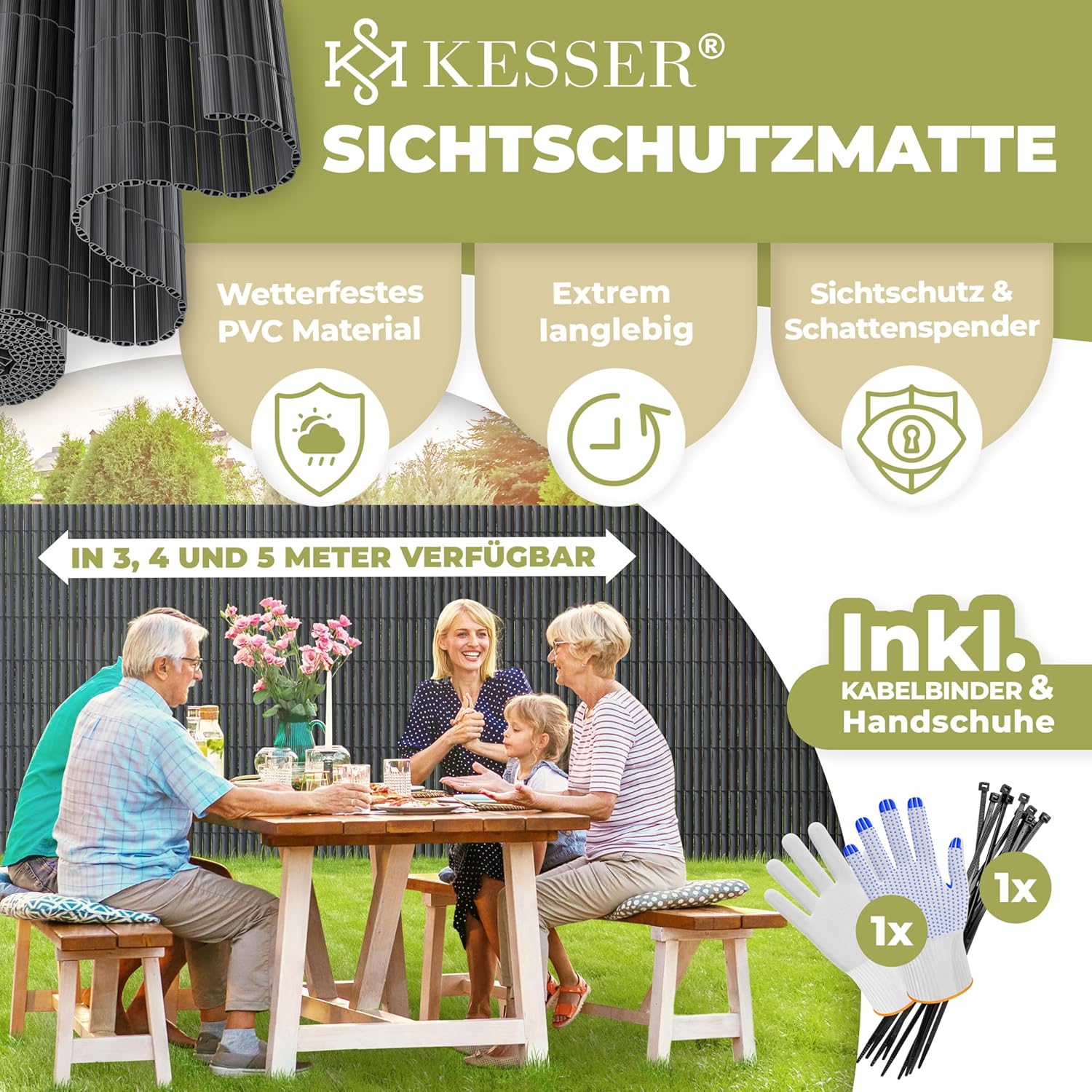 Thumbnail 1 de KESSER PVC Sichtschutzmatte für Balkon & Terrasse 120×400 cm (Anthrazit) inkl. Kabelbindern und Handschuhen