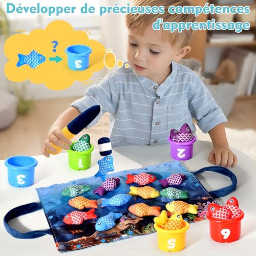 Detalle 2 de Yitical Jeu de Pêche Montessori pour Bébé - Ensemble 22 pièces (12 poissons, 6 seaux, tapis océan)