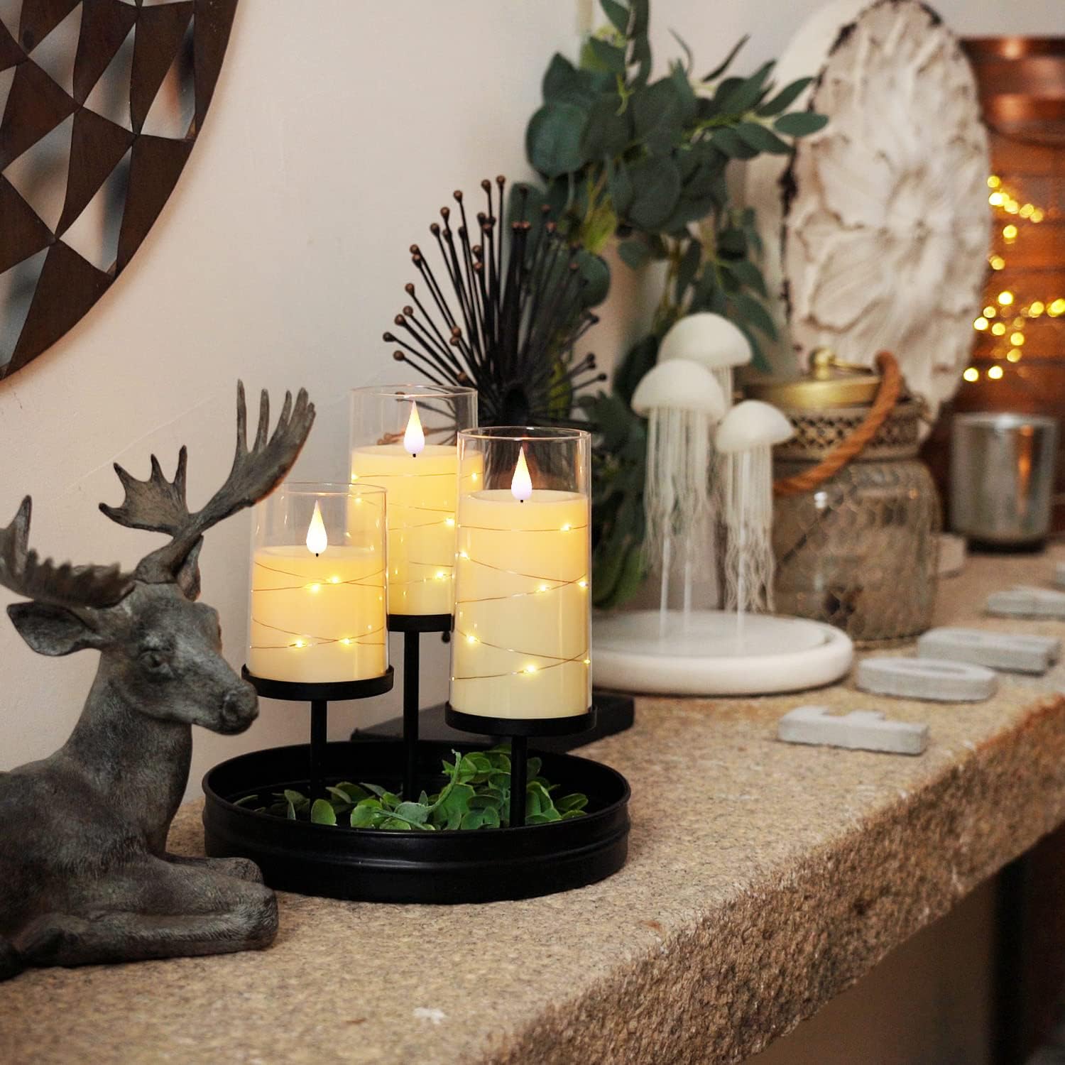 Thumbnail 2 de Homemory Ivory White Flameless Candles with 3D Flame and Fairy Lights (Set of 3)