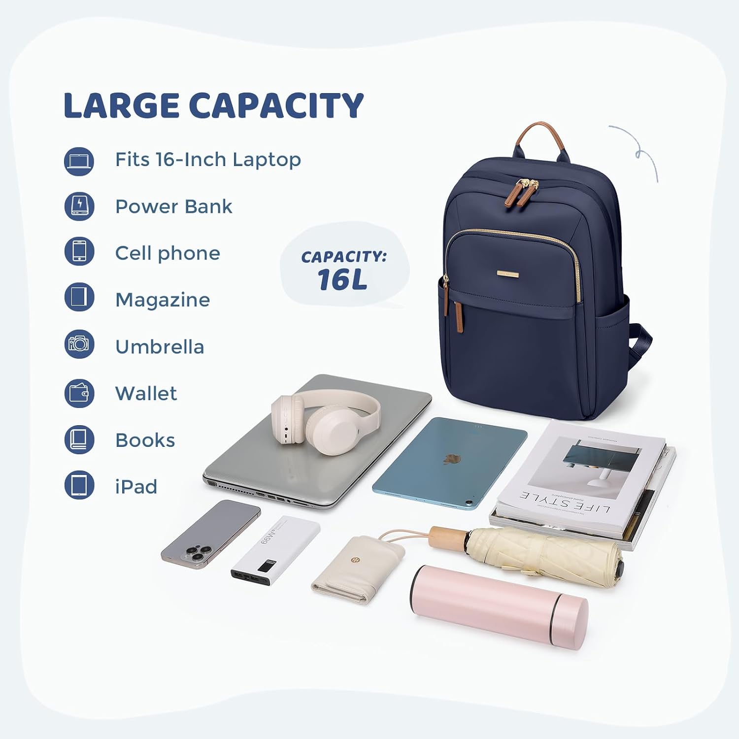 Detalle de GOLF QUALITY 16-Inch Travel Backpack for Women with Laptop Compartment