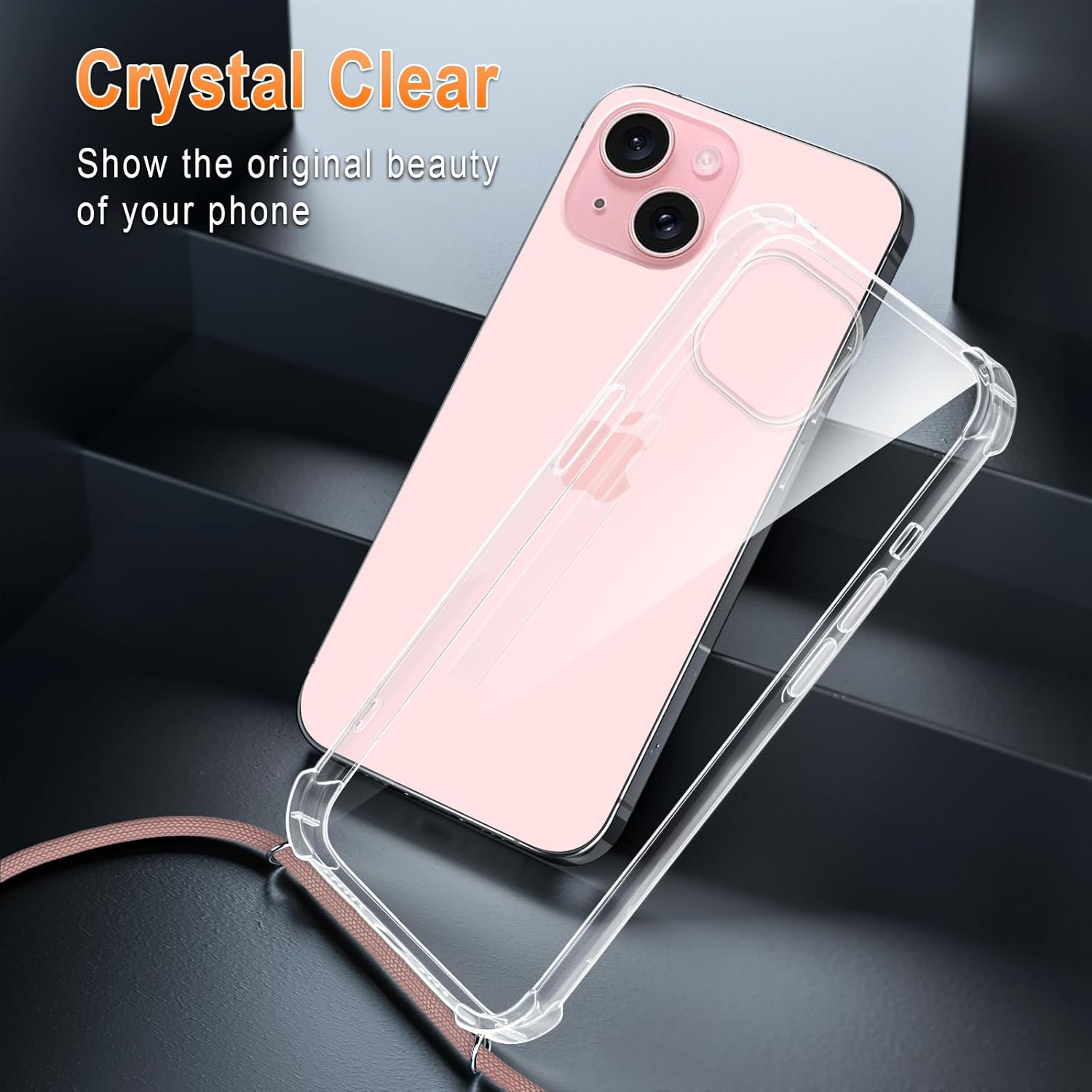 Thumbnail 3 de XTCASE Coque iPhone 15 avec Cordon - Étui transparent avec collier tressé en corde, Or Rose