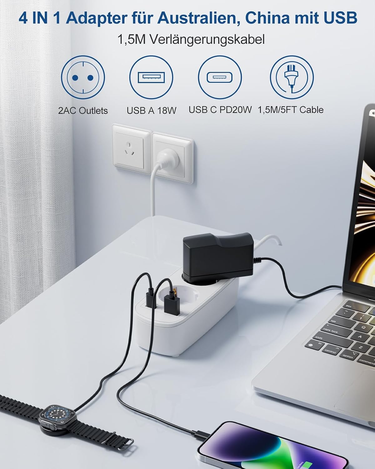 Detalle 2 de Adapter für Australien Typ I mit PD20W USB Ladegerät und 1,5 m Kabel 🔌