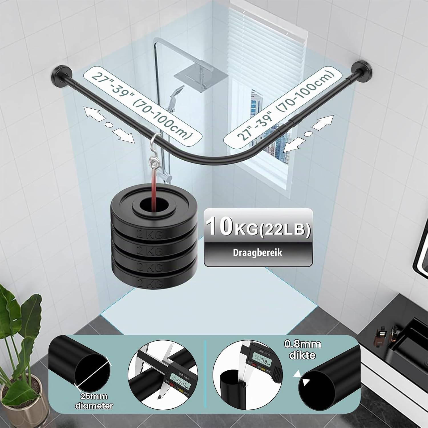 Detalle de Strength Enemy L Rod-No Drill L-vormige douchegordijnstang, verstelbaar, zwart
