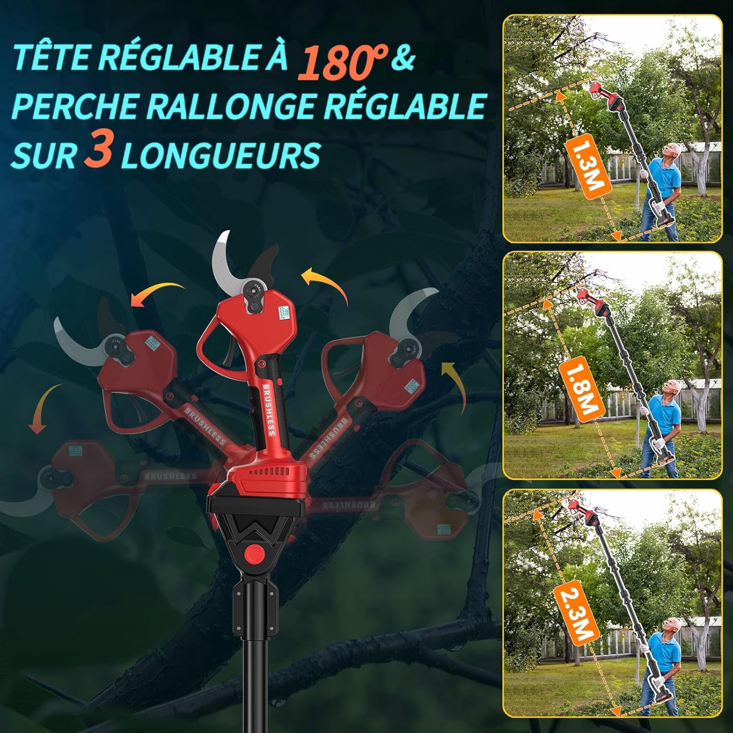 Thumbnail 5 de Sécateur électrique sans fil télescopique 2-en-1 avec écran et boîte de rangement, 50 mm