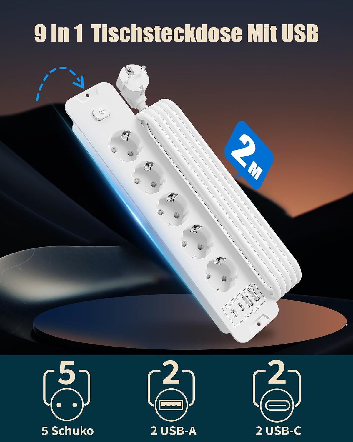 Detalle de Inhwatek Steckdosenleiste mit USB (PD 20W) – 5-fach Einbausteckdose 9-in-1 mit 2 m Kabel, 16A/4000W