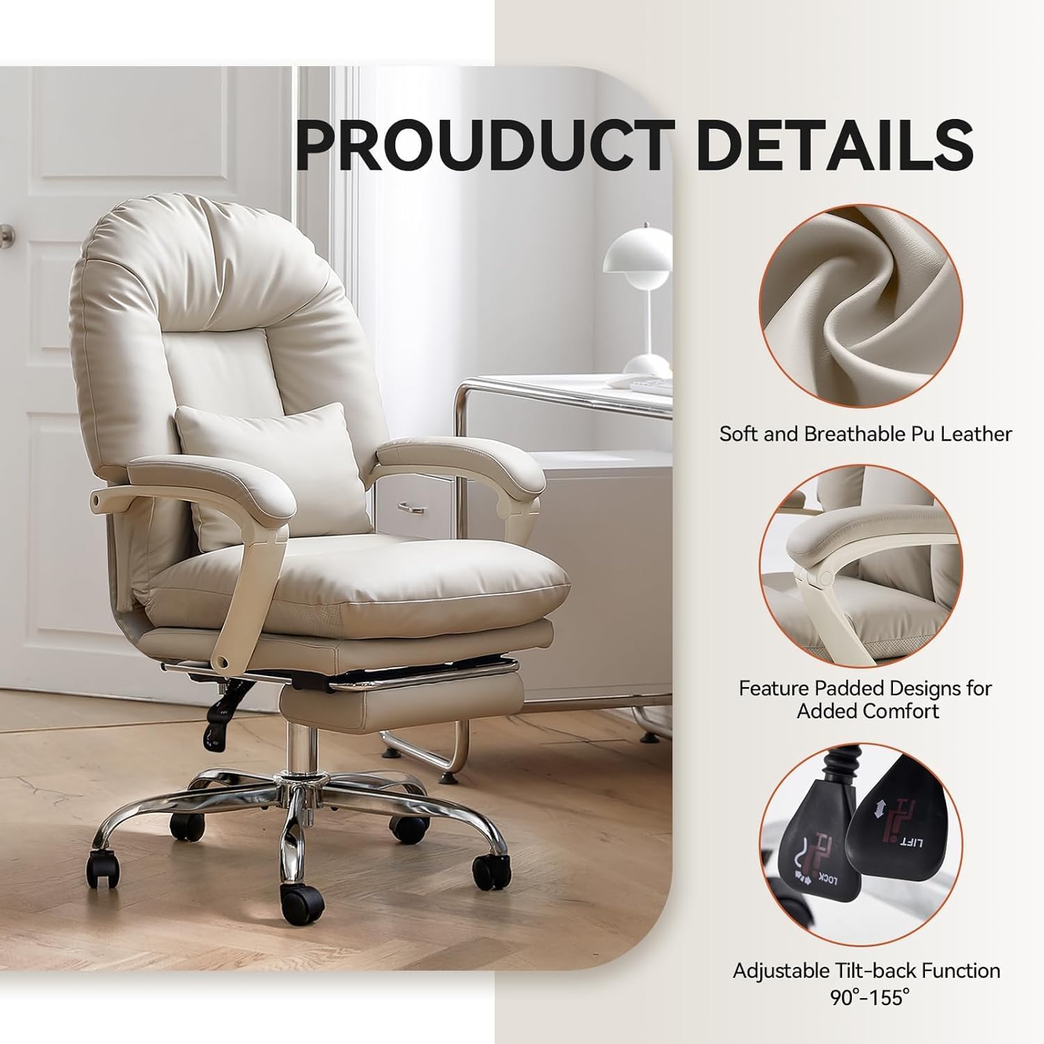 Thumbnail 4 de EMIAH sedia da ufficio ergonomica reclinabile con poggiapiedi in pelle PU, beige