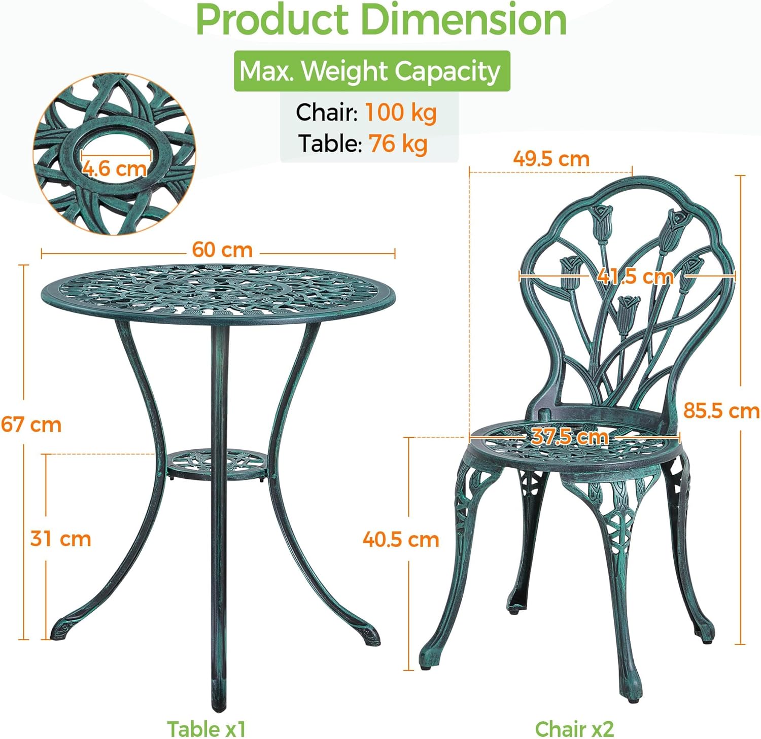 Thumbnail 1 de Yaheetech Set Tavolo e Sedie da Giardino 3 pezzi: tavolo con foro parasole e 2 sedie in alluminio verde, stile tulipano