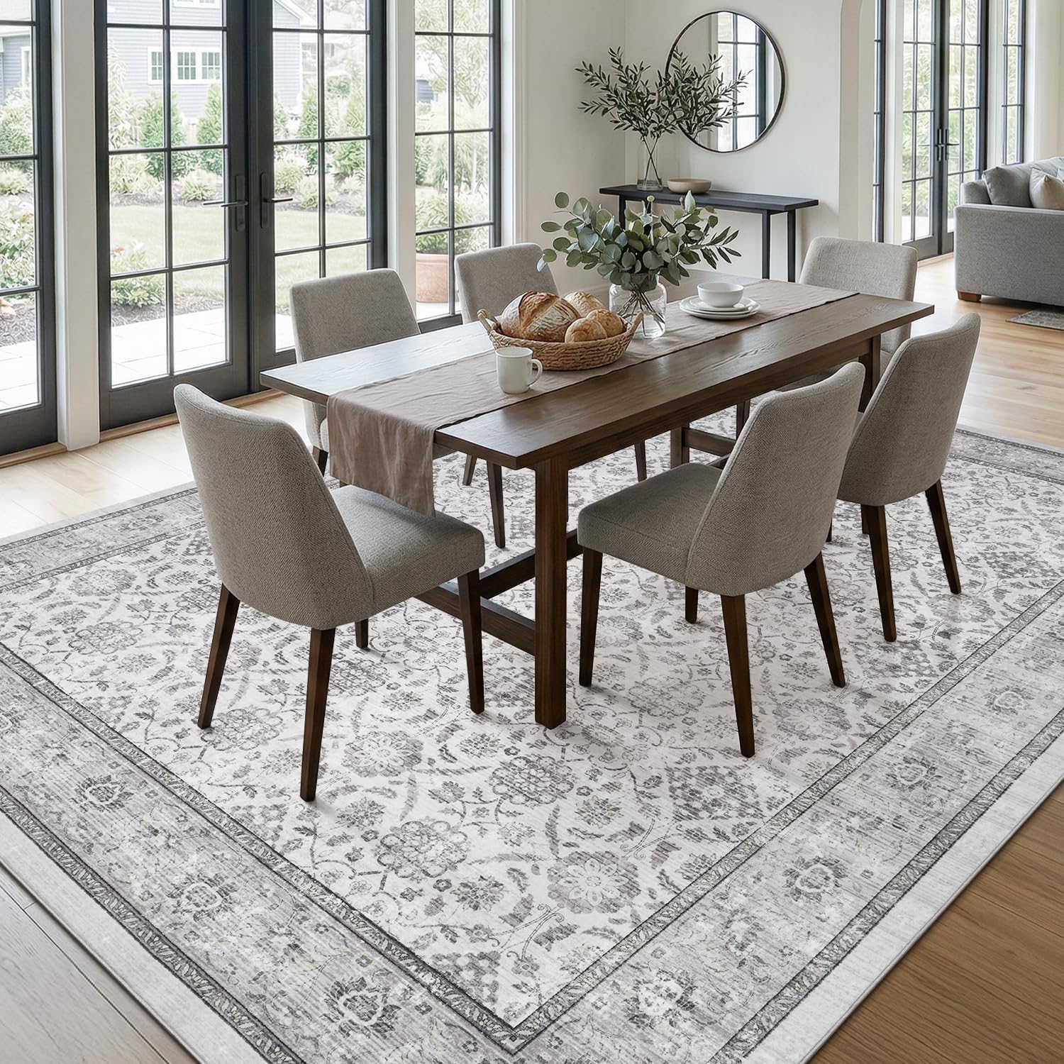 Detalle de RVOLST 8x10 ft Floral Vintage Area Rug, Grey Polyester, Machine Washable