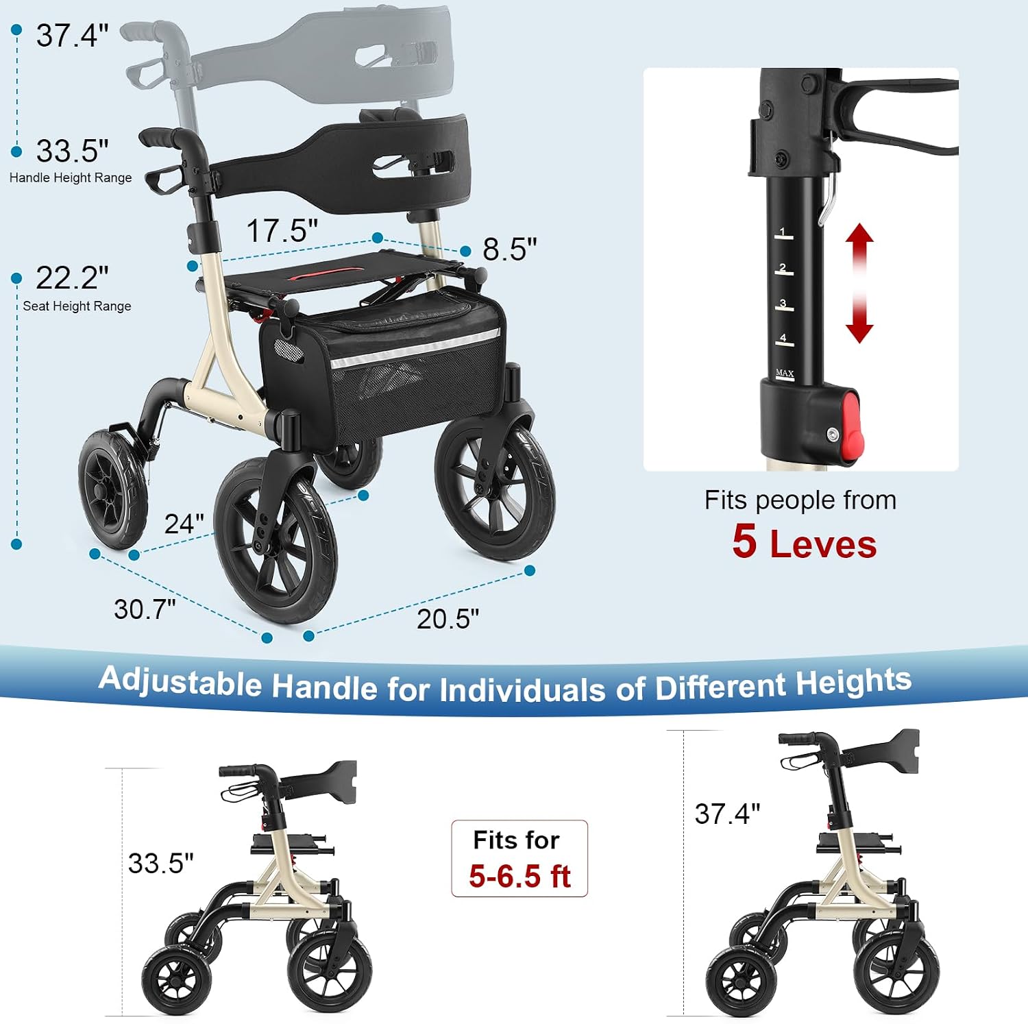 Thumbnail 6 de MAXWALK RL-A42093W12 Rollator Walker with Seat, 12-Inch Wheels, Gold