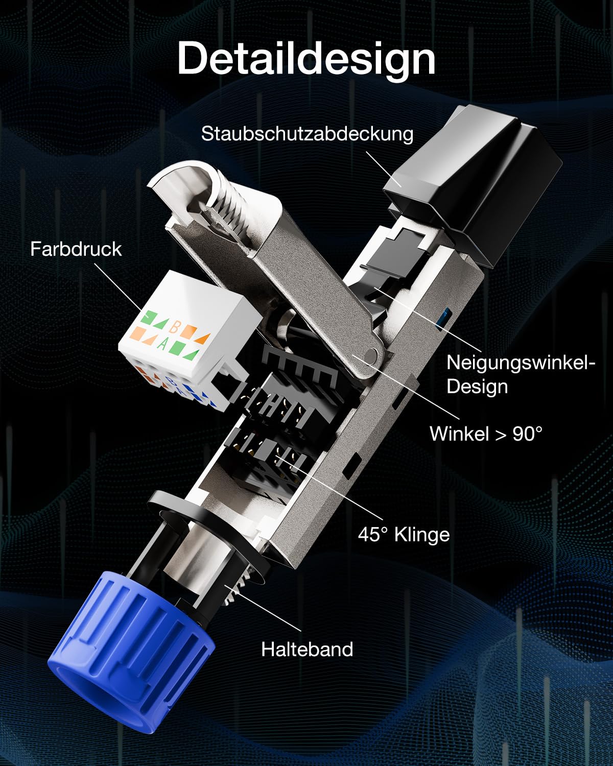 Detalle 2 de VCELINK RJ45 Stecker Werkzeuglos – Cat8/Cat7, shielded, 4 Stück