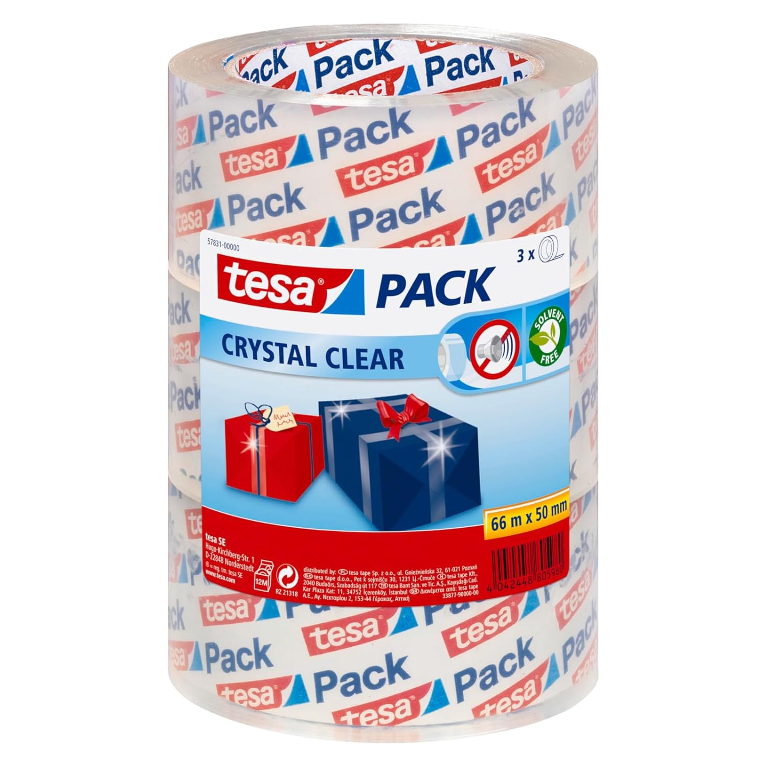 tesa Packband Crystal Clear, kristallklar – 3 Rollen, 66 m x 50 mm