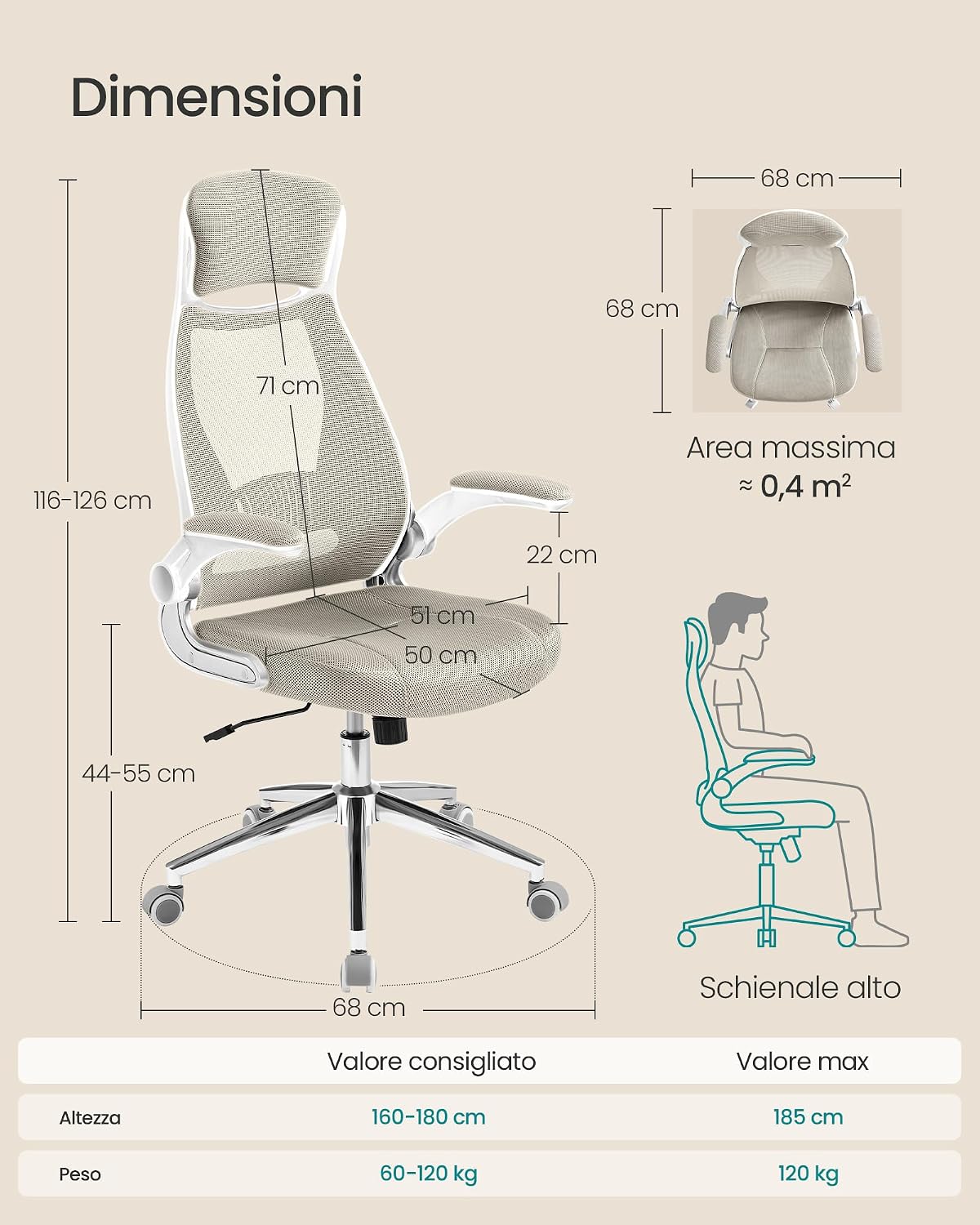 Detalle de SONGMICS Sedia da Ufficio OBN086K01 Beige Cappuccino con poltrona girevole, braccioli ribaltabili e poggiatesta