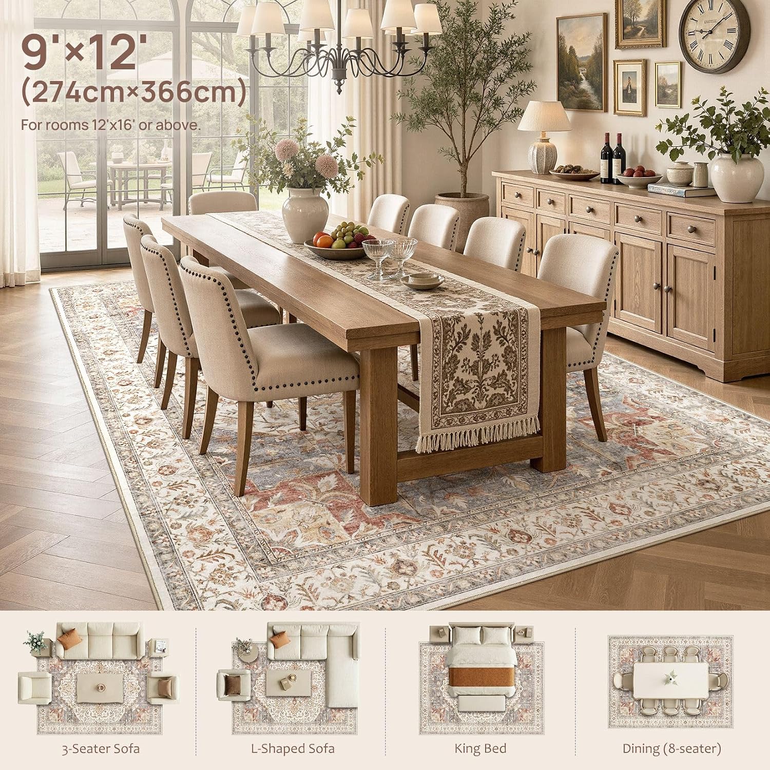 Thumbnail 1 de Tortania Area Rug Living Room Rugs 9x12 Washable Boho Vintage Oriental Distressed (Orange Multi)