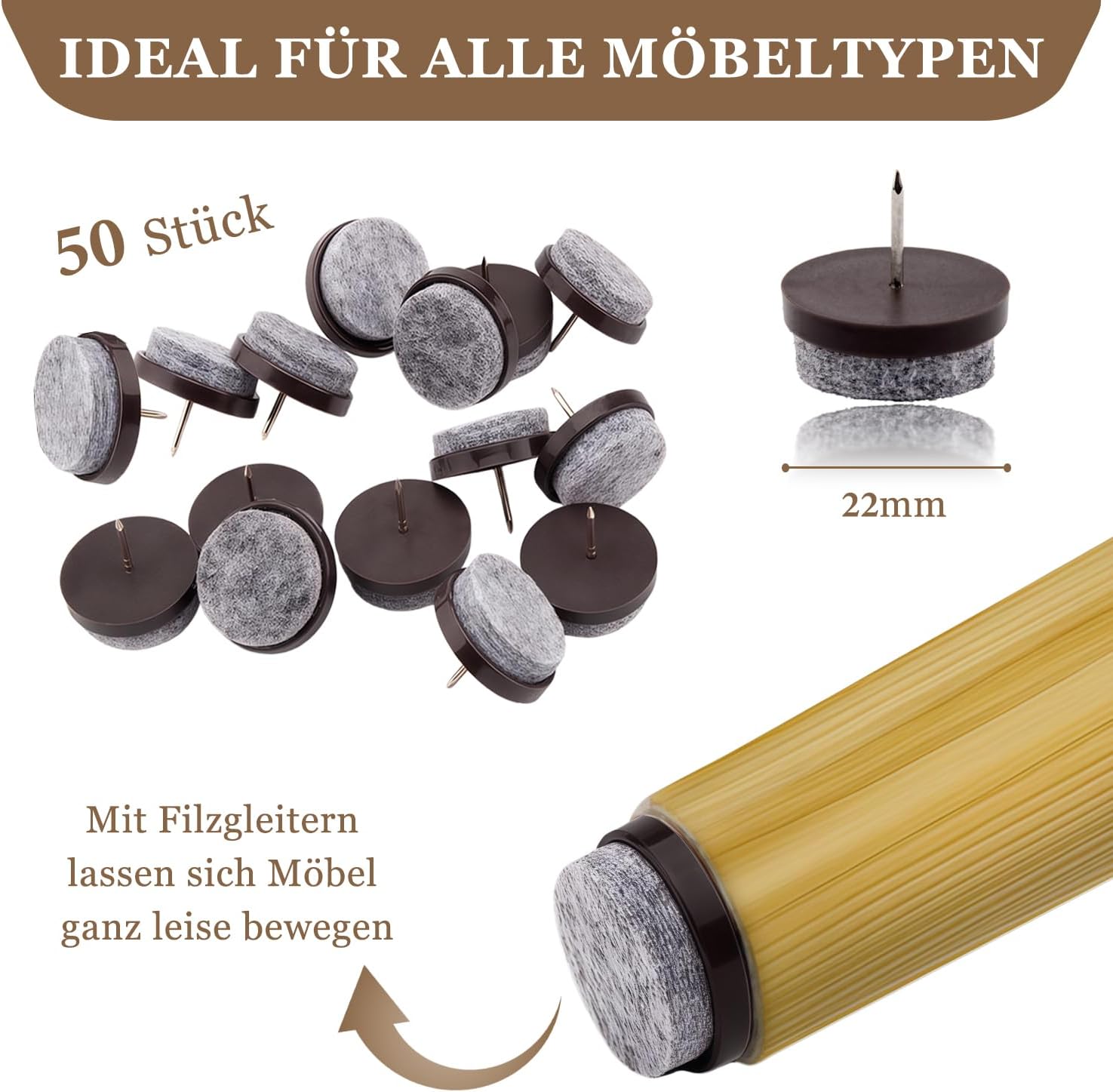 Thumbnail 5 de Filzgleiter Stuhl 50 Stück Ø22 mm – Profi Möbelgleiter zum Nageln