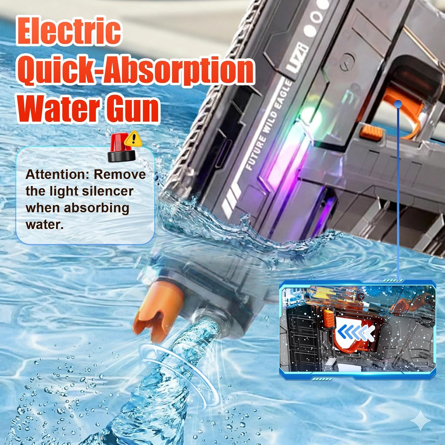 Detalle de UROINT Pistola ad Acqua Elettrica per Bambini (2 pezzi) — gittata fino a 10 m, LED, ABS