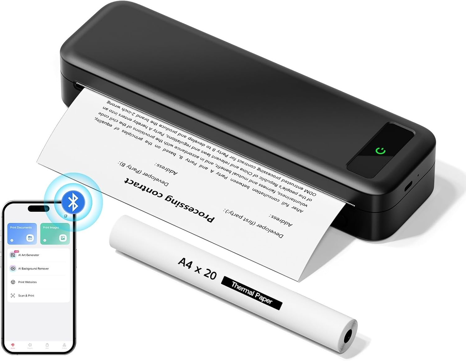 TATTMUSE Portable Thermal Printer A4 – inkless wireless Bluetooth for iOS & Android (with 1 thermal roll)