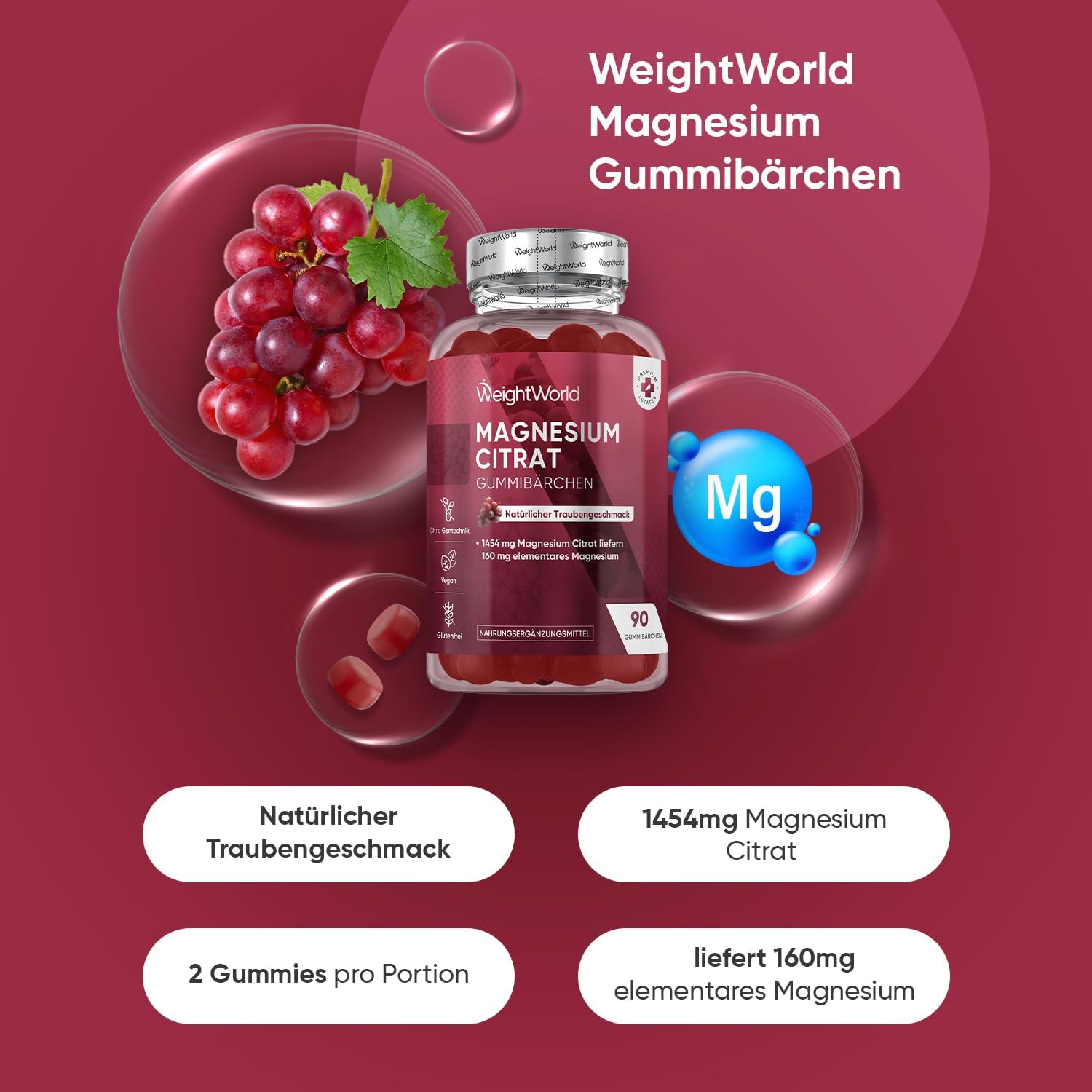 Thumbnail 1 de WeightWorld Magnesiumcitrat Gummies (90 vegane Gummibärchen) – 160 mg elementares Magnesium pro Portion