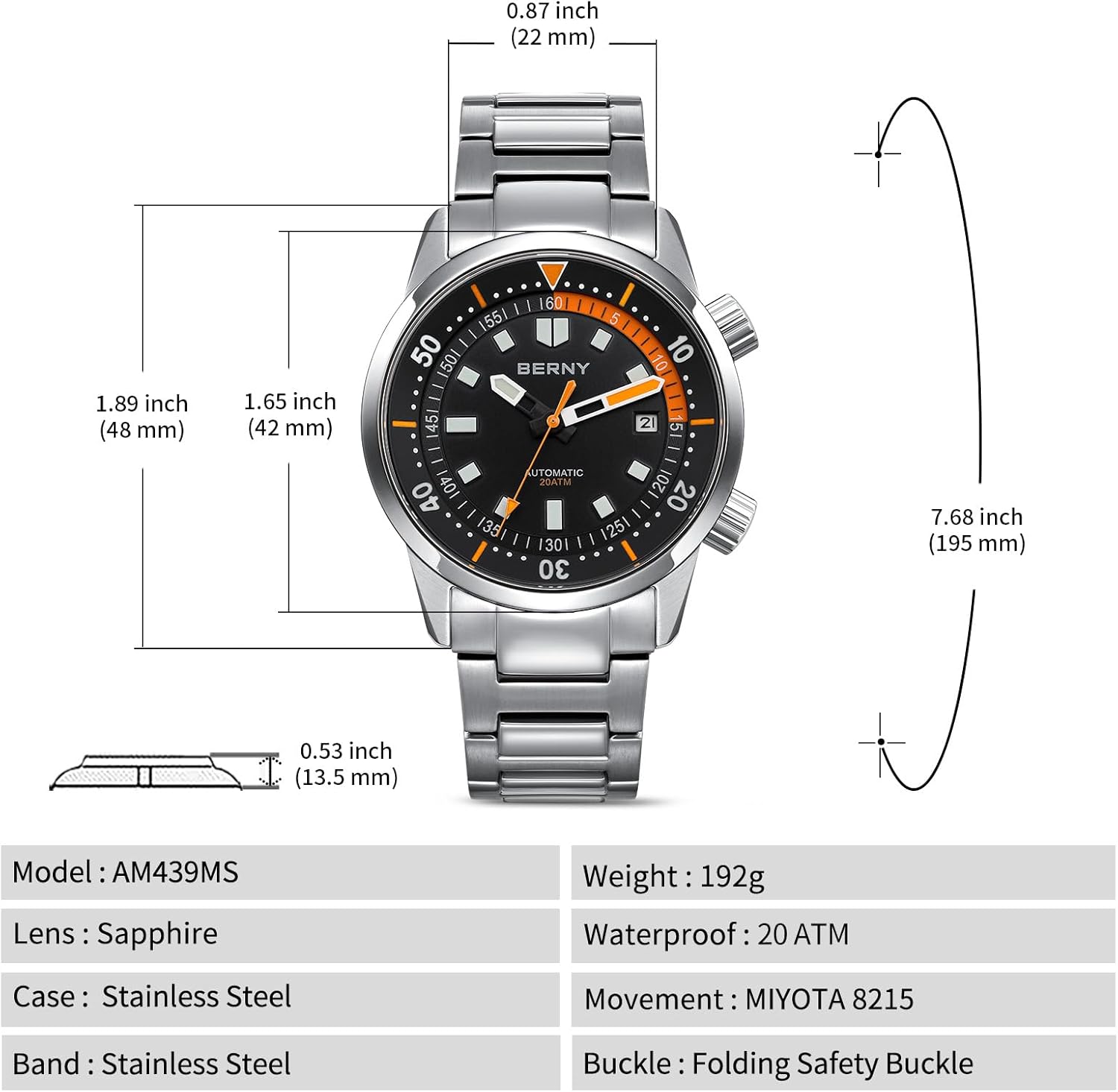 Thumbnail 6 de BERNY automatische Taucheruhr für Herren (20 ATM) mit Miyota 8215, Saphirglas und Leuchtzeigern