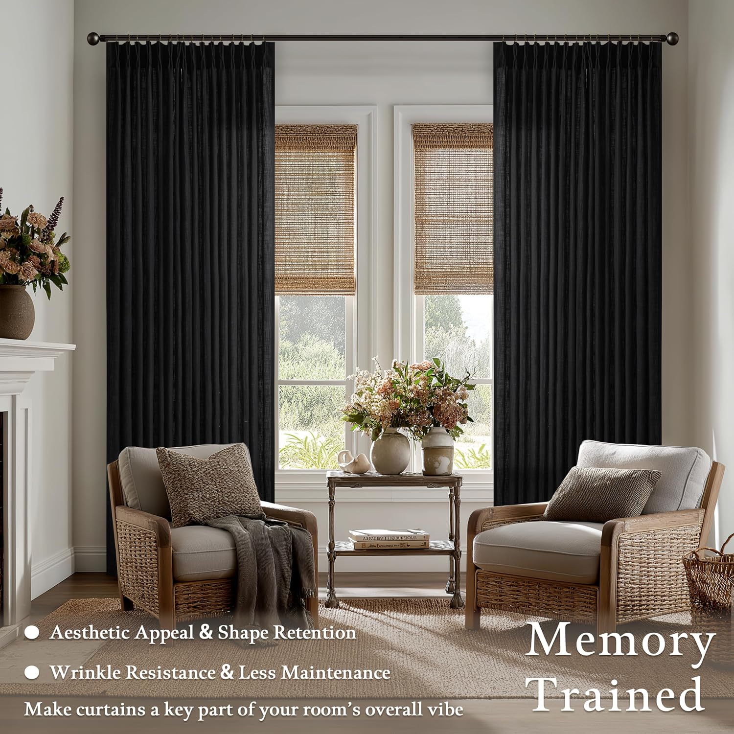 Detalle 2 de Black Pinch Pleated Linen Curtains, 105 Inches Long (2 Panels Set) with Memory-Shaped Pleats