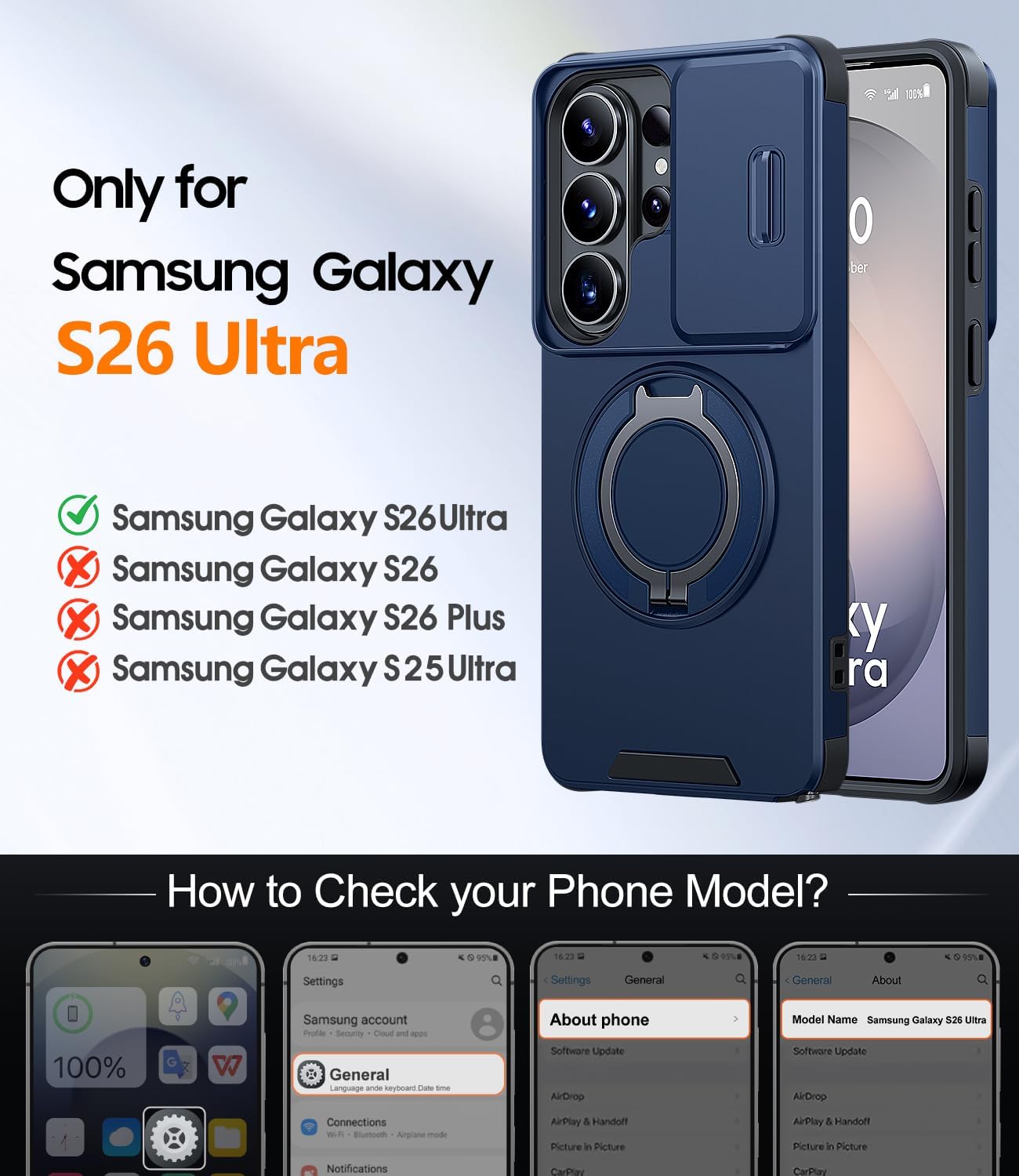 Thumbnail 1 de JAME Galaxy S26 Ultra Case with Ring Holder, Slide Camera Cover, and Screen Protector (Blue)