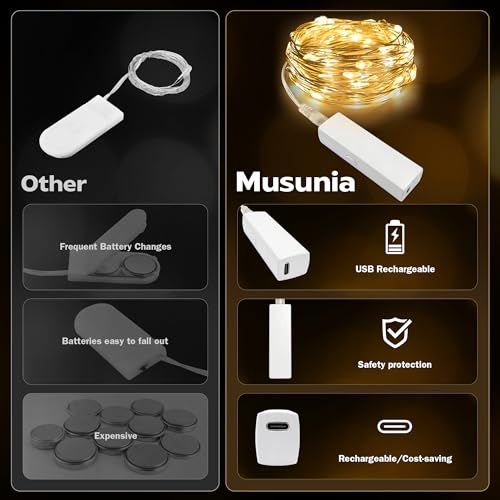 Detalle 2 de MUSUNIA Mini Aufladbare Lichterkette 3 m | 30 LEDs Warmweiß, Timer, USB‑C, 8 Modi