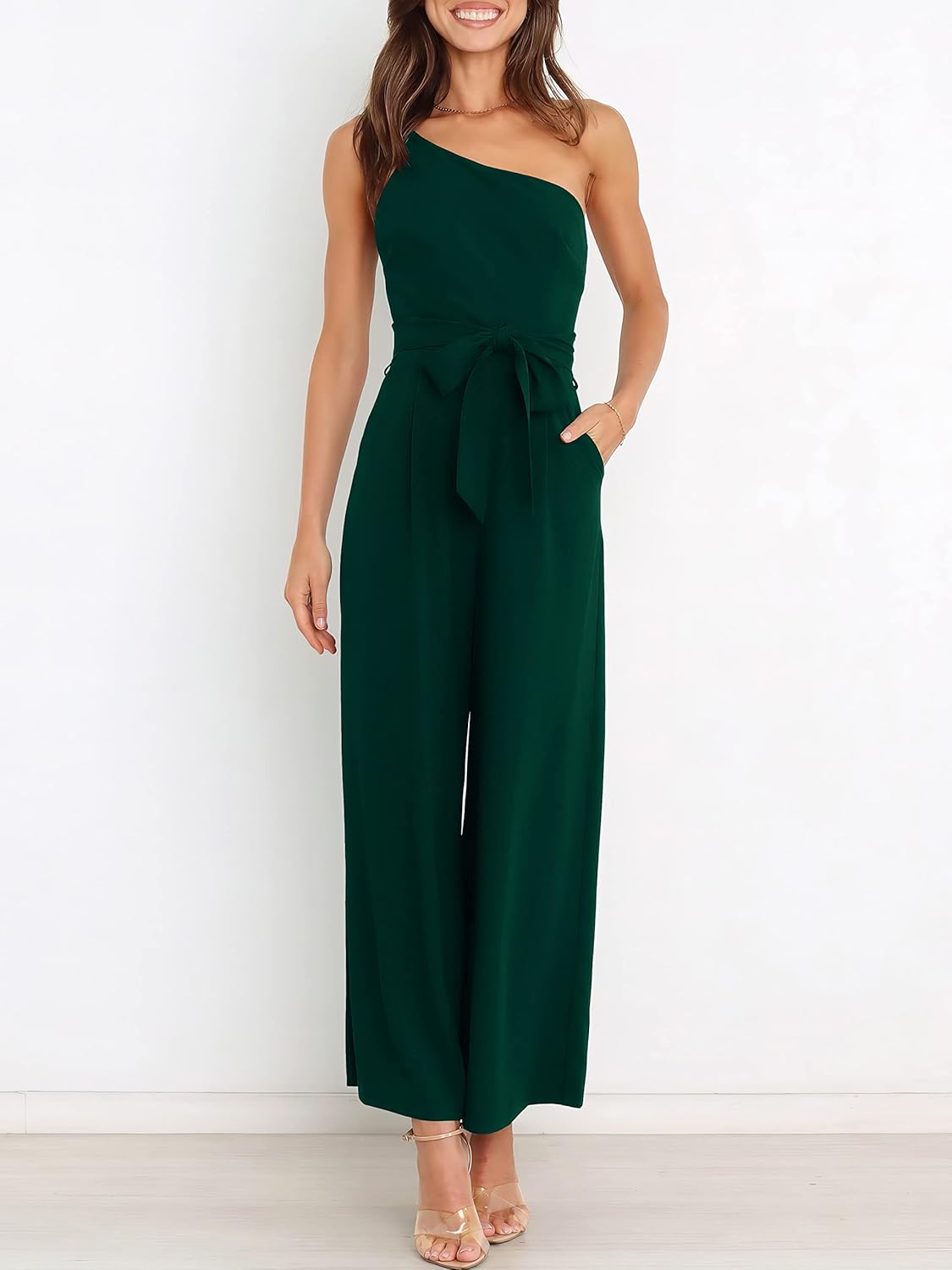 Thumbnail 5 de ANRABESS one-shoulder jumpsuit romper with wide-leg pants and tie-knot waist