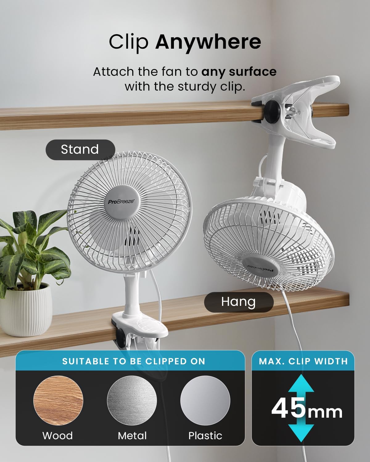 Detalle 2 de Pro Breeze 6 Inch Clip on Fan with 2 Speeds (Mains Powered) – Quiet 360° Rotation Desk Fan
