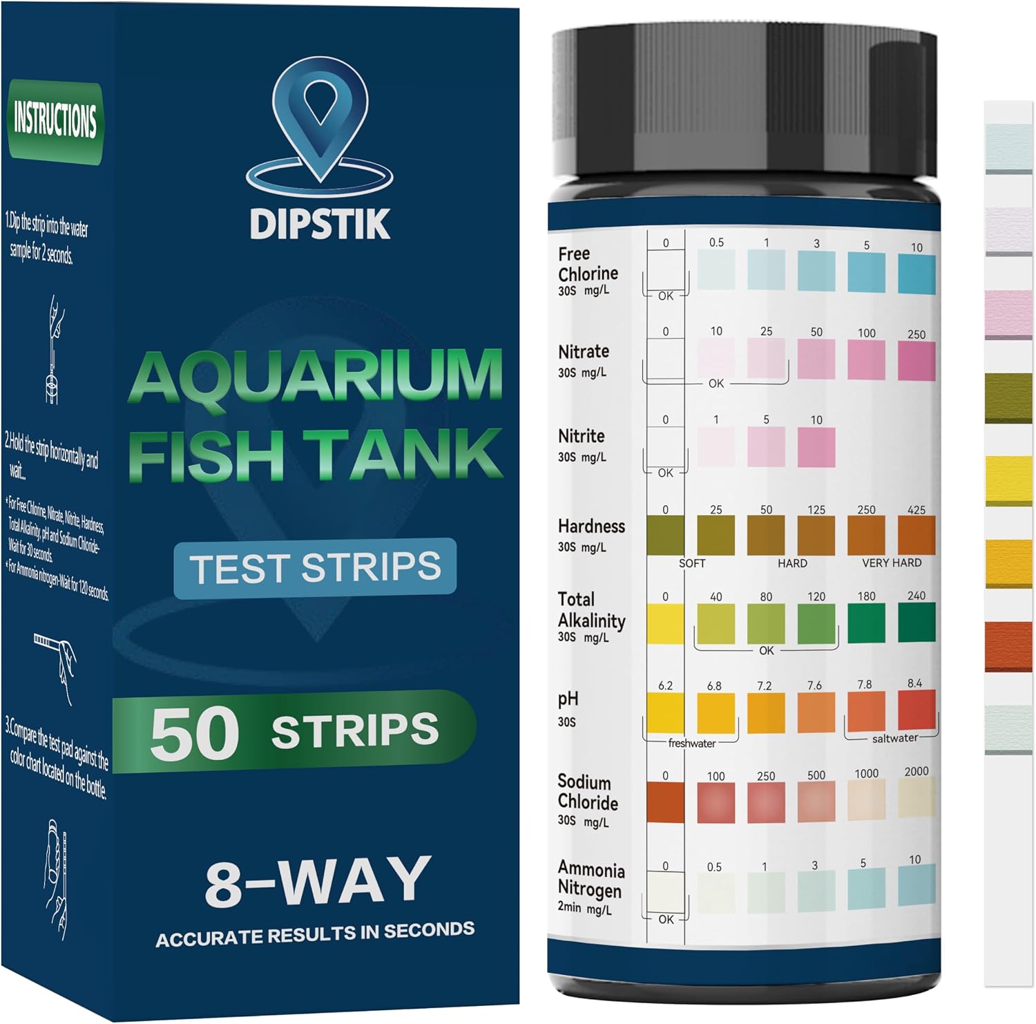 Detalle de Aquarium-Ammoniak-Teststreifen 8-fach Aquarium-Testkit (50 Teststreifen) für Süß- und Salzwasser